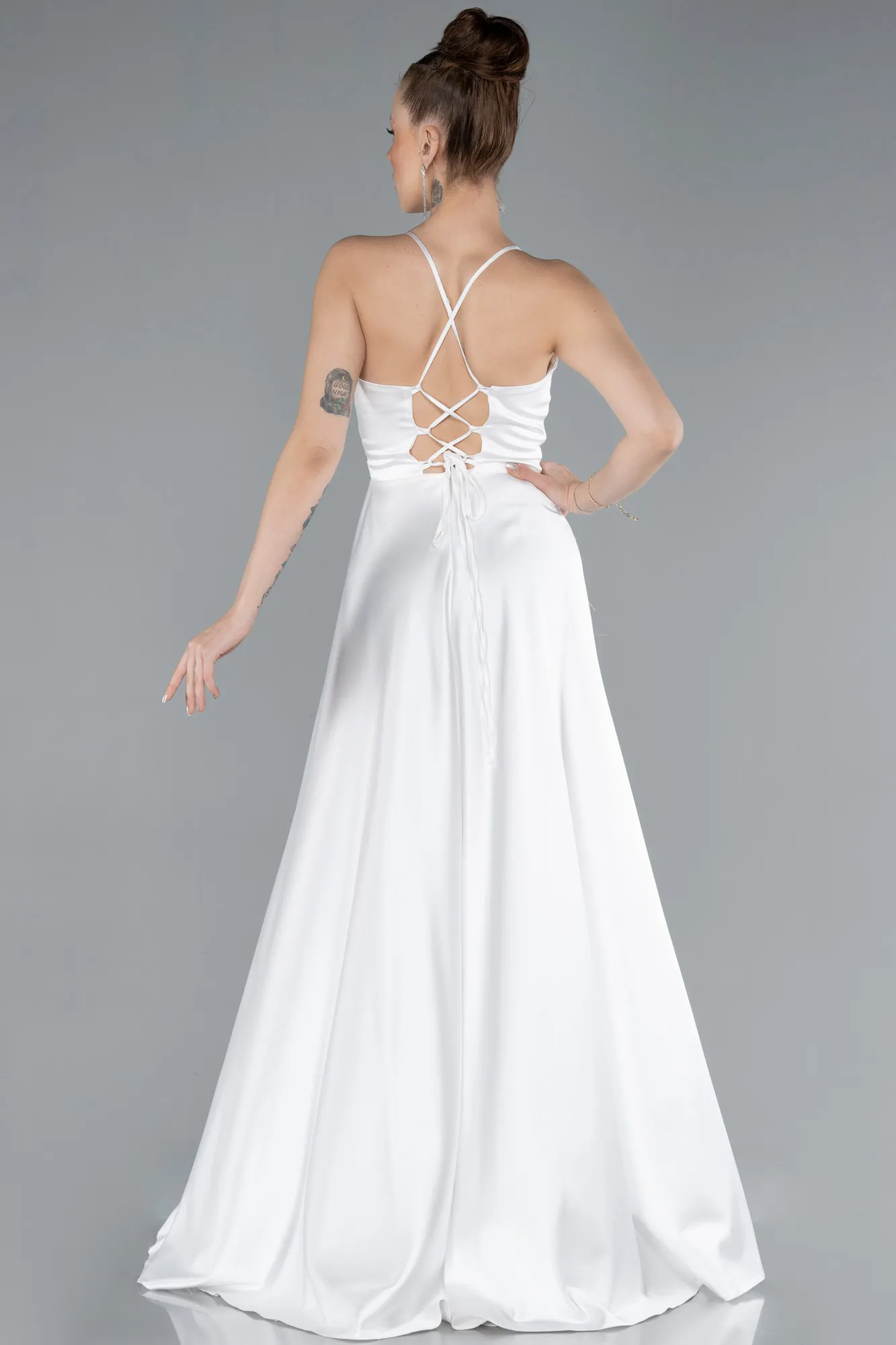 Ecru-Strappy Long Satin Prom Gown ABU3610