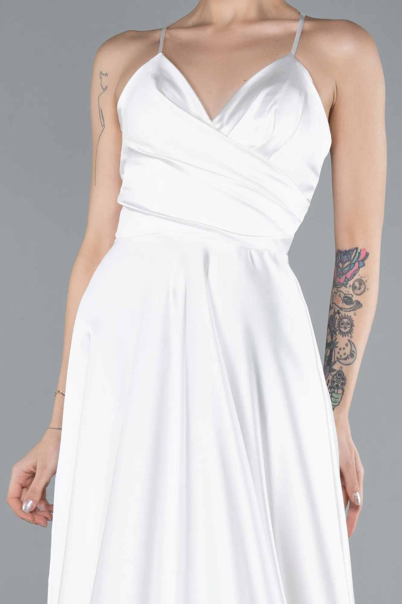 Ecru-Strappy Long Satin Prom Gown ABU3610