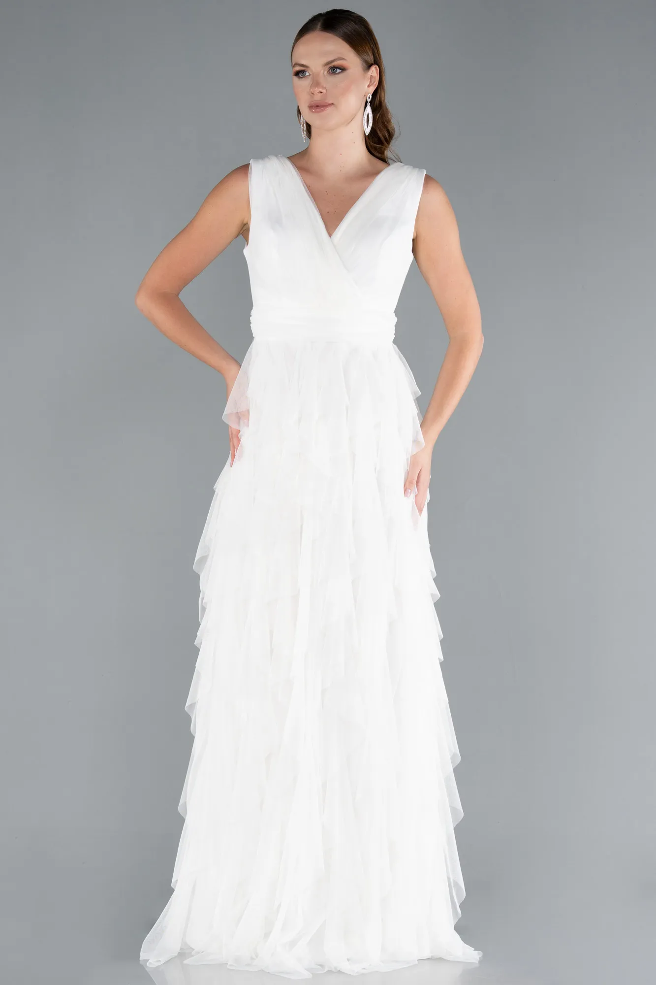 Ecru-V Neck Layered Tulle Long Prom Dress ABU4723