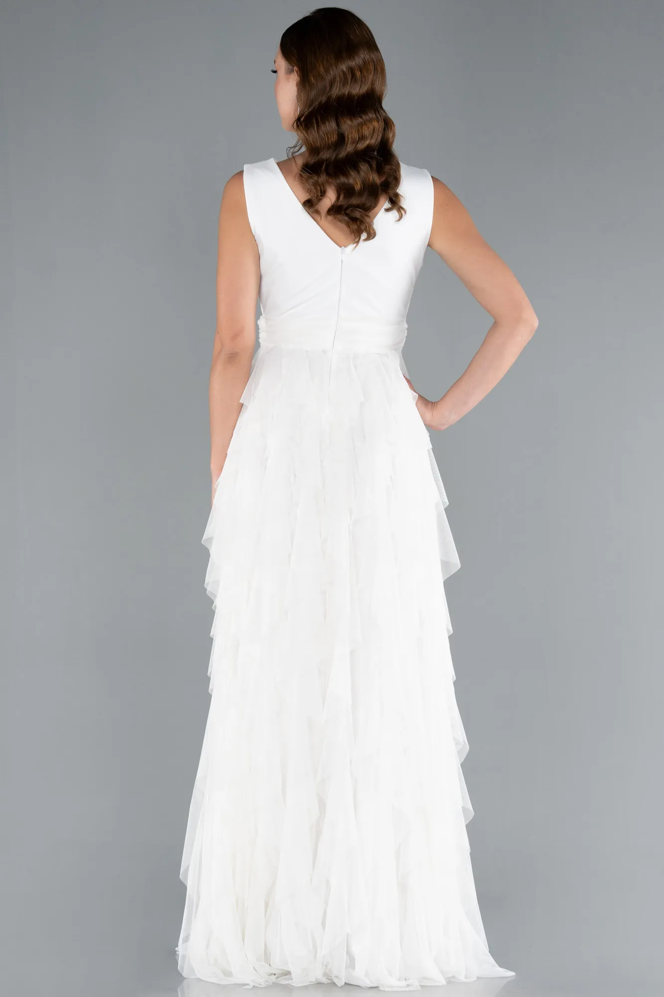 Ecru-V Neck Layered Tulle Long Prom Dress ABU4723