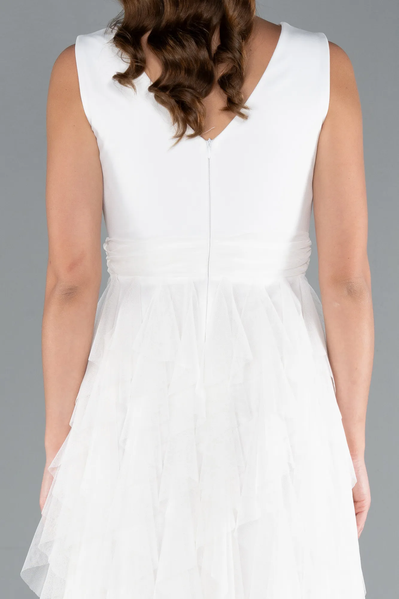 Ecru-V Neck Layered Tulle Long Prom Dress ABU4723