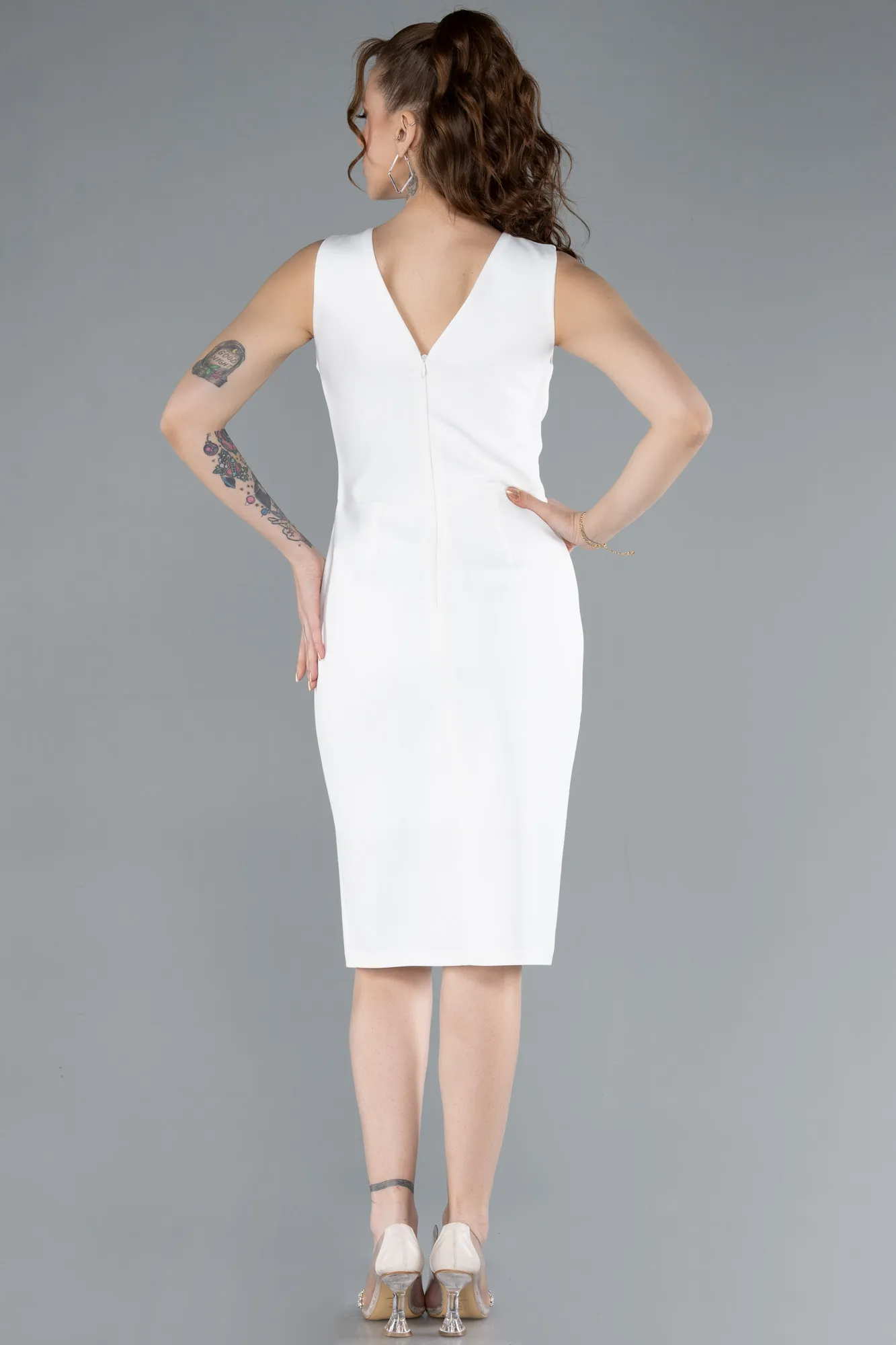 Ecru-V Neck Midi Cocktail Dress ABK2264