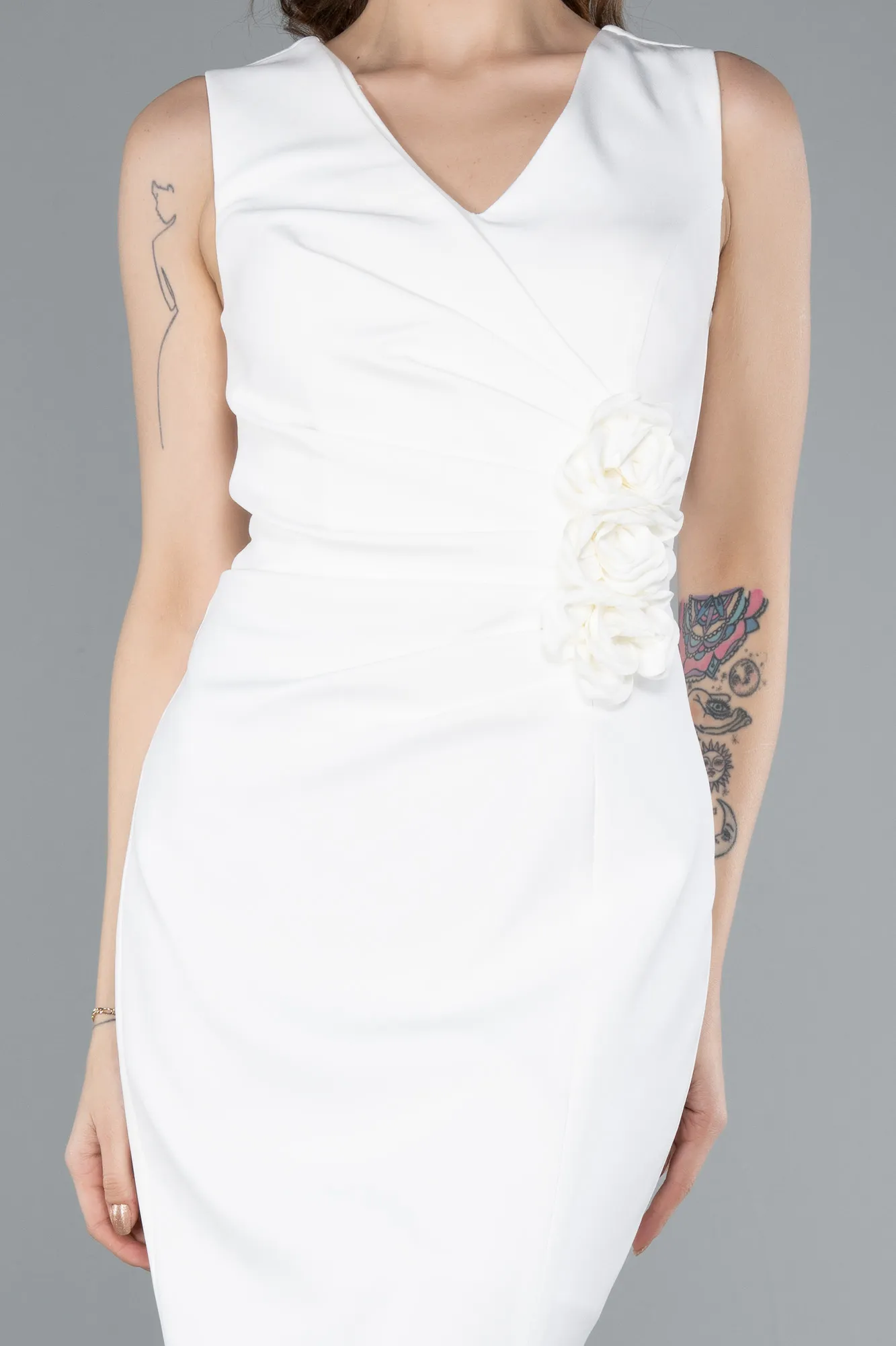 Ecru-V Neck Midi Cocktail Dress ABK2264