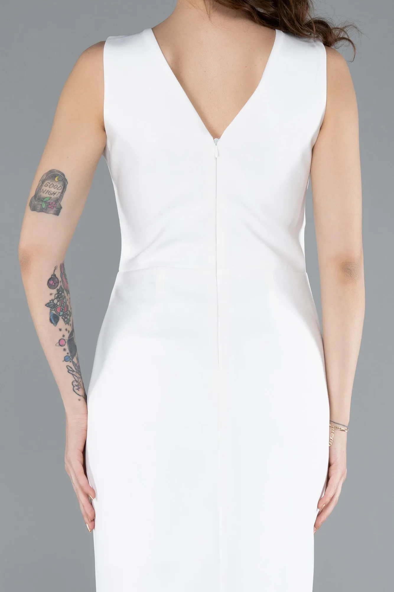 Ecru-V Neck Midi Cocktail Dress ABK2264