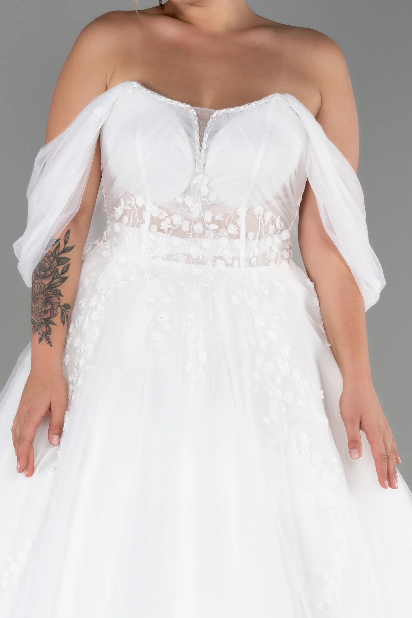 Ecru-Lace Off The Shoulder Long Plus Size Wedding Dress ABG028