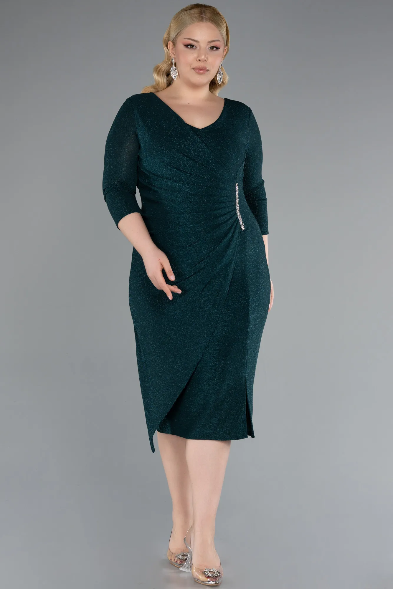 Emerald Green-Capri Sleeve Midi Plus Size Evening Dress ABK1950