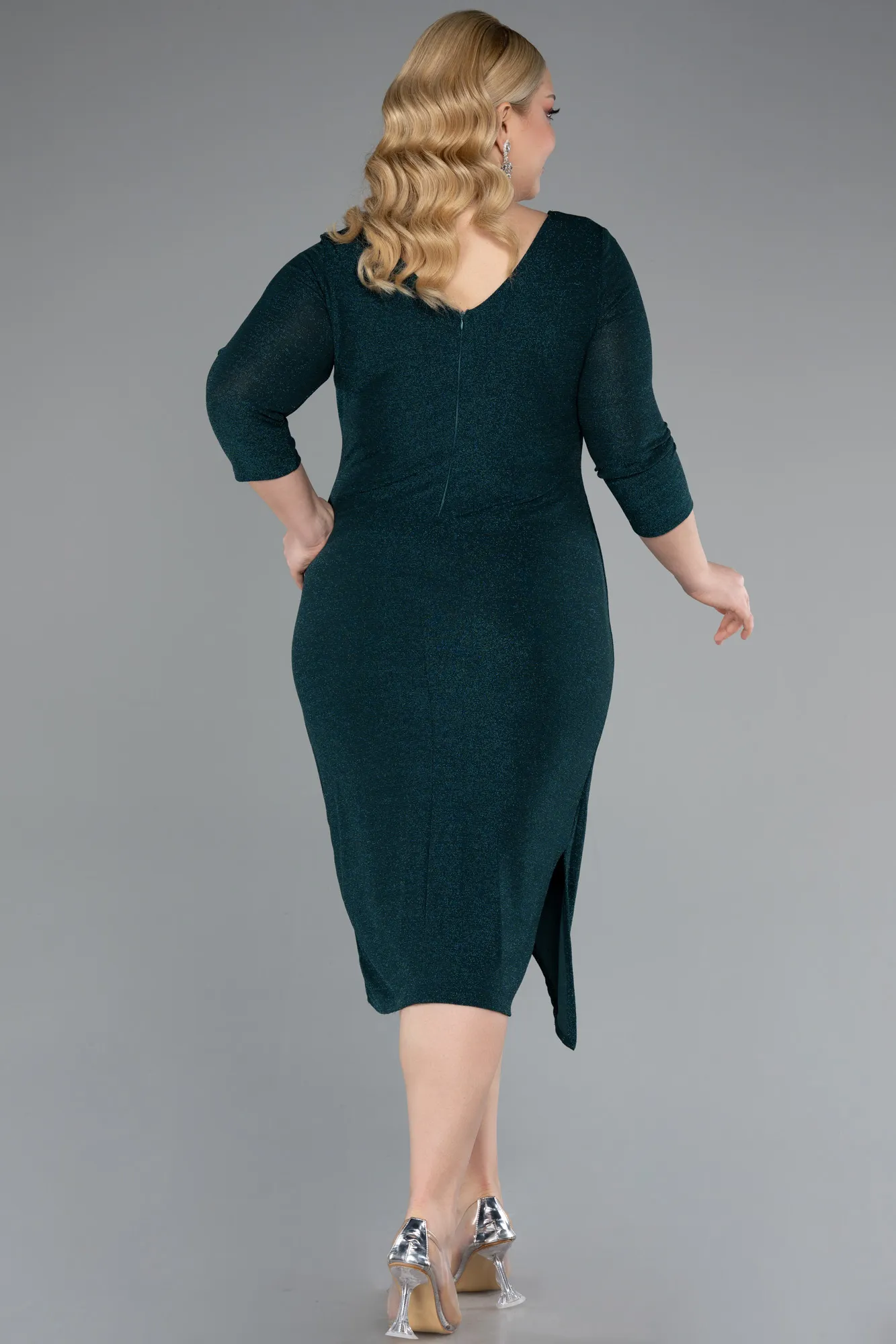 Emerald Green-Capri Sleeve Midi Plus Size Evening Dress ABK1950