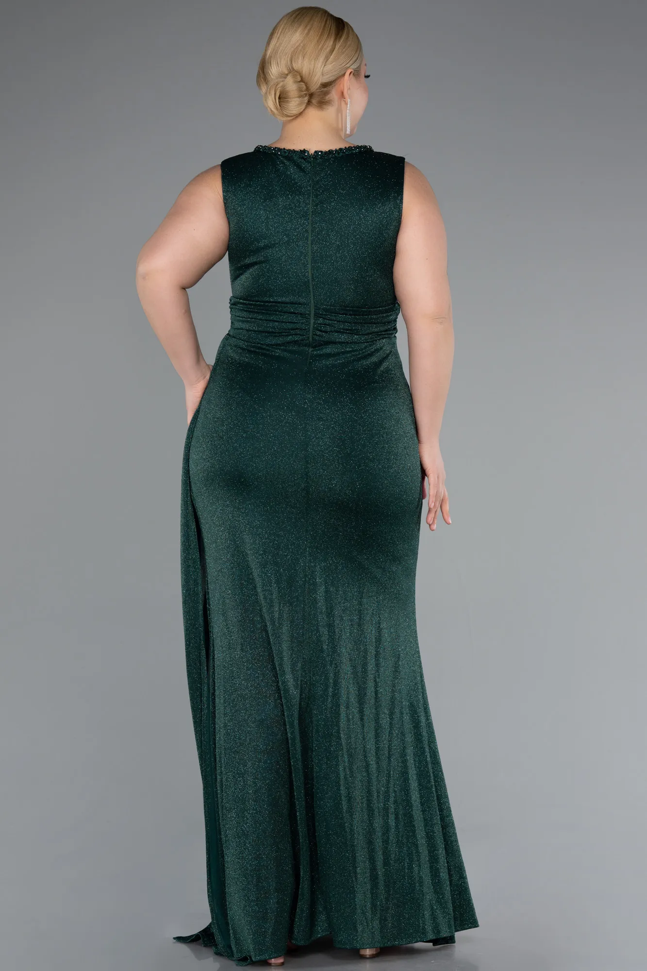 Emerald Green-Double Breasted Slit Long Glittery Plus Size Evening Dress ABU5007