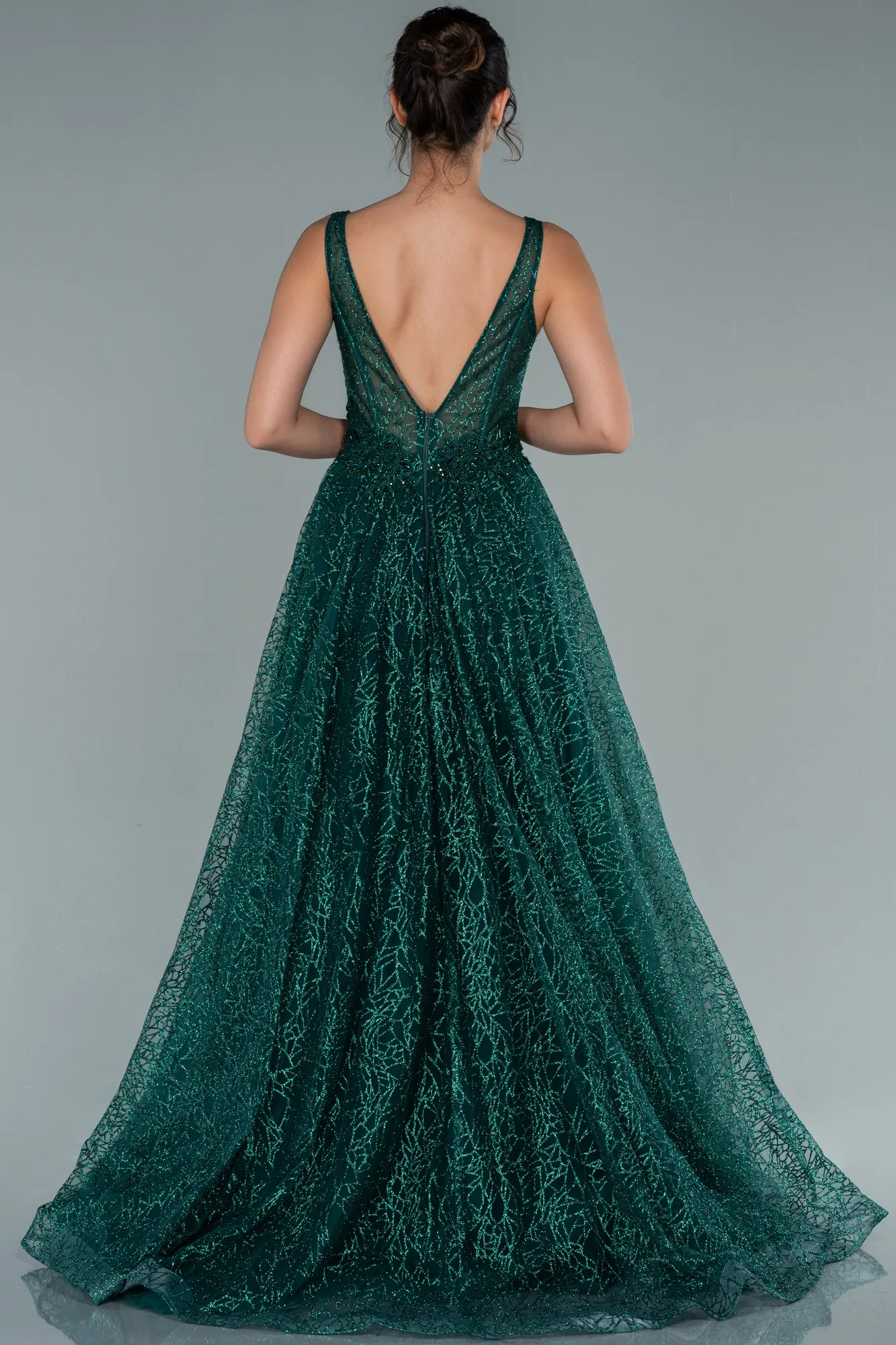 Emerald Green-Embroidered Bodice Dusty Rose Tulle Evening Gown ABU2131