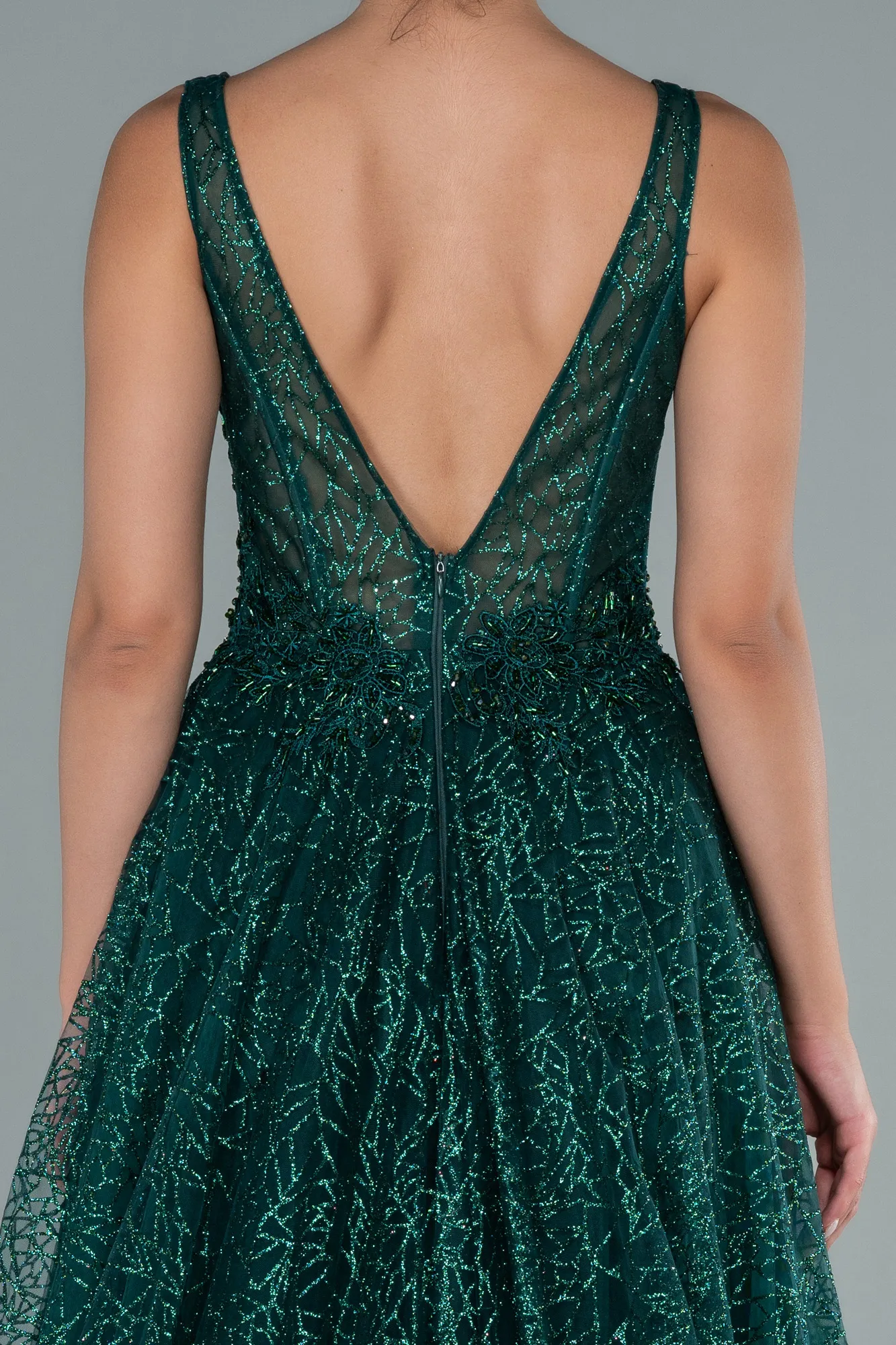 Emerald Green-Embroidered Bodice Dusty Rose Tulle Evening Gown ABU2131