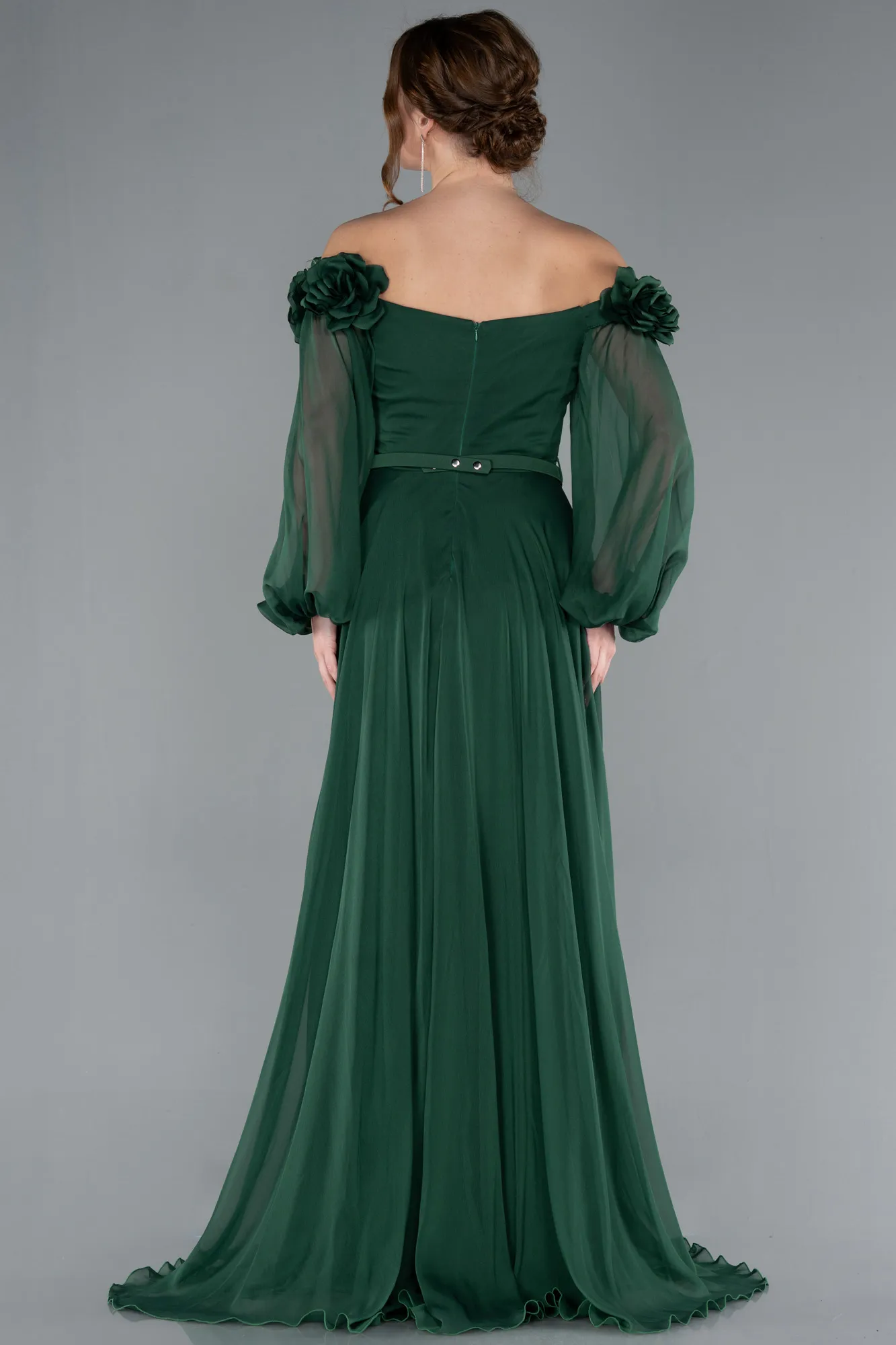 Emerald Green-Floral Boat Neck Long Sleeve Chiffon Prom Gown ABU4130