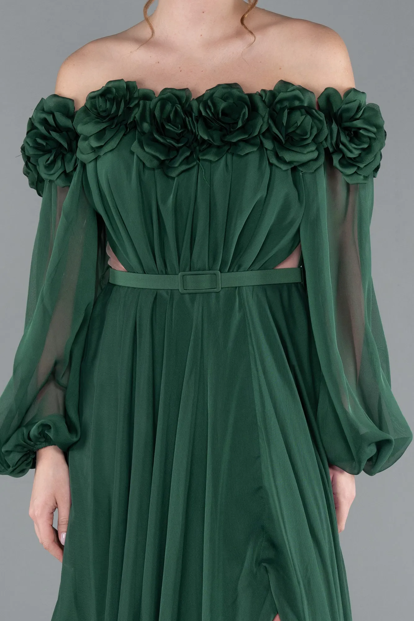 Emerald Green-Floral Boat Neck Long Sleeve Chiffon Prom Gown ABU4130