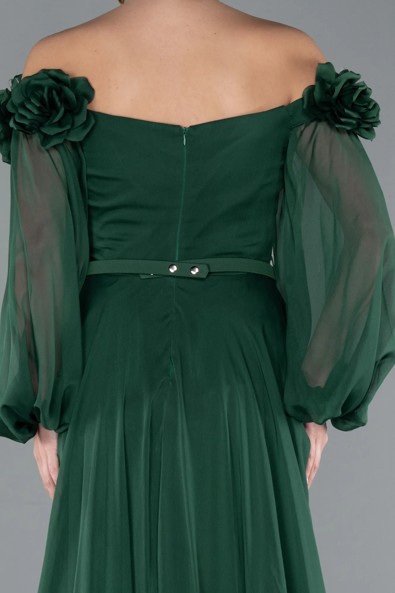 Emerald Green-Floral Boat Neck Long Sleeve Chiffon Prom Gown ABU4130