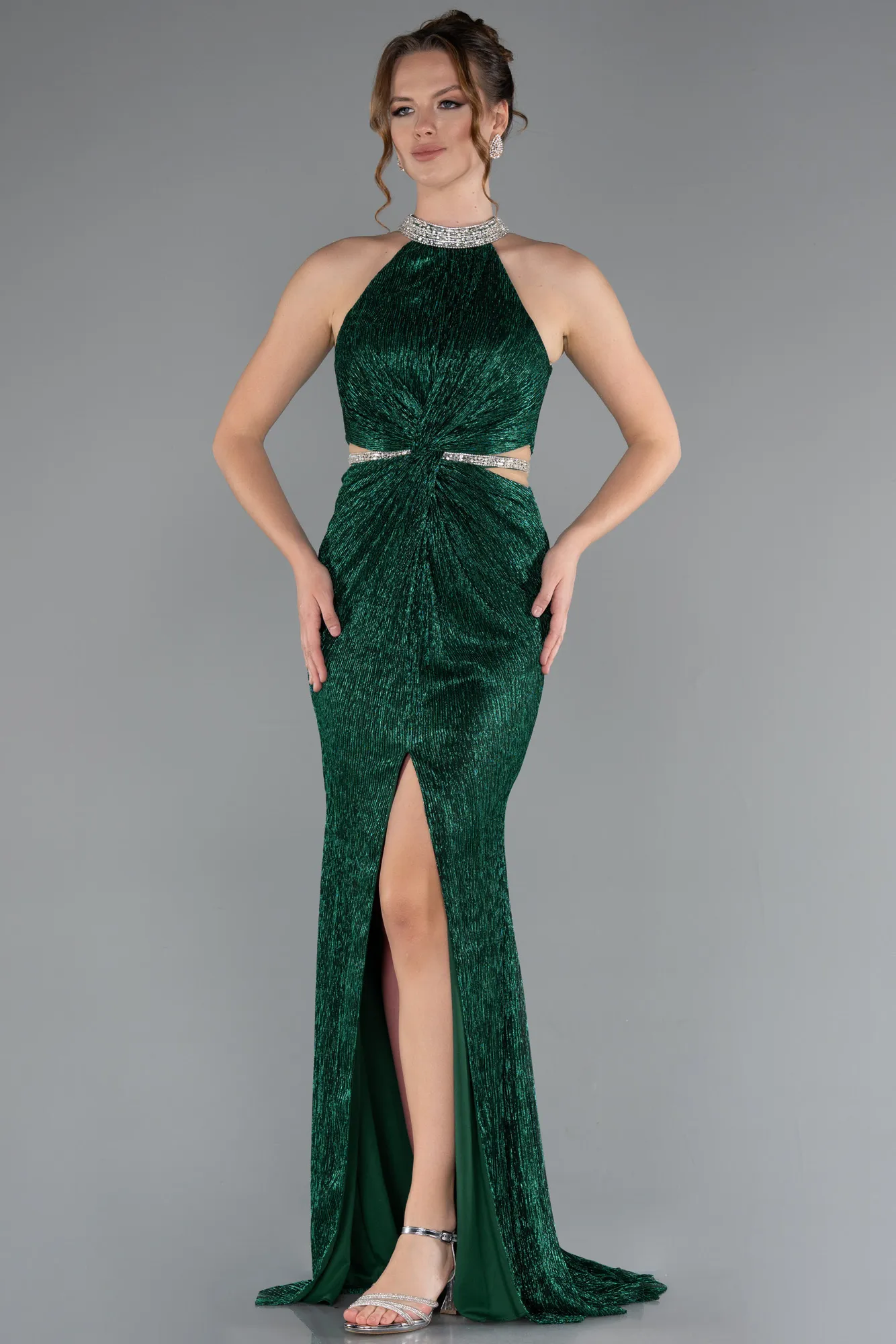 Emerald Green-Halter Neck Slit Long Evening Gown ABU4324
