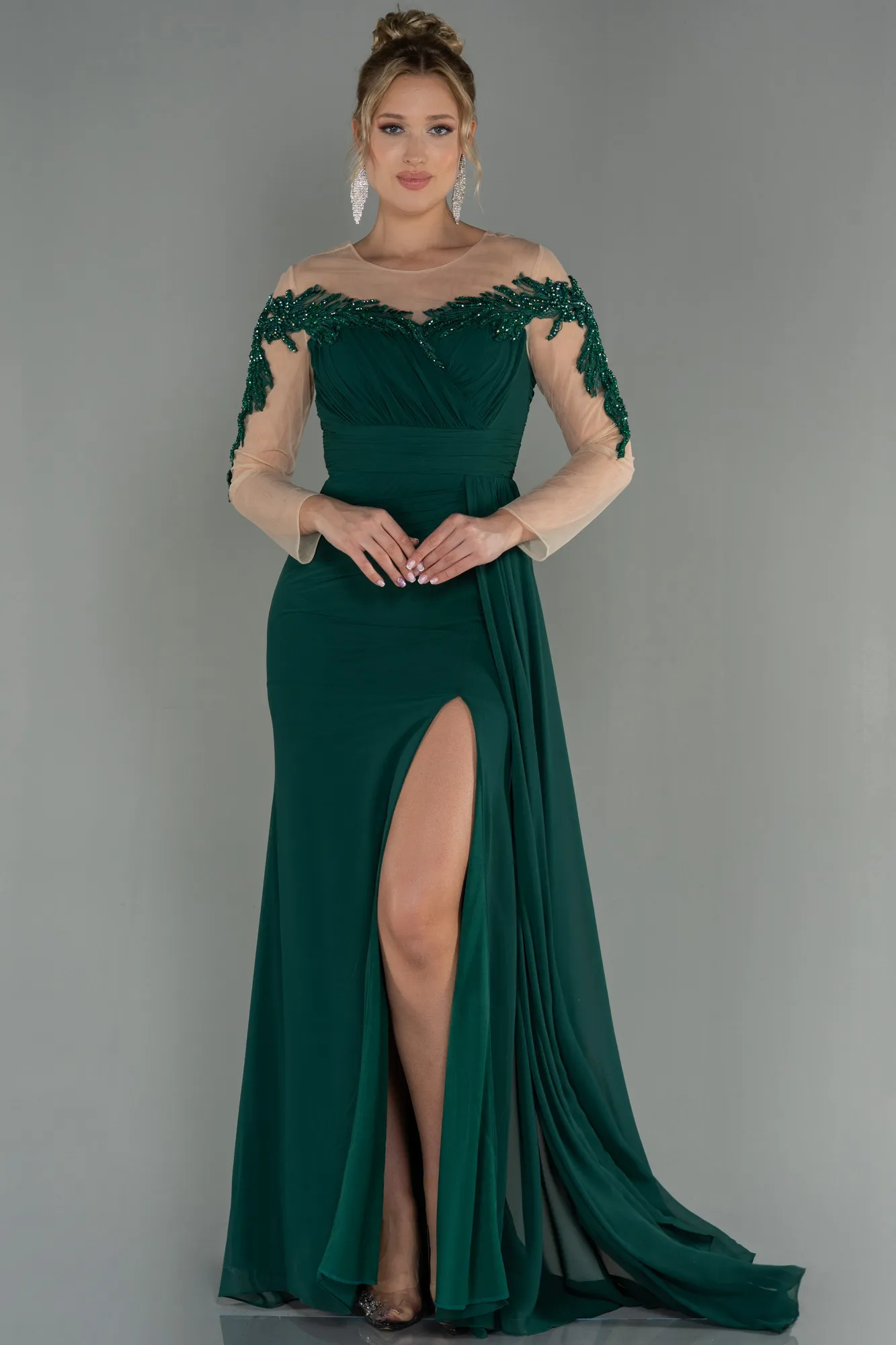Emerald Green-Long Chiffon Evening Dress ABU3012