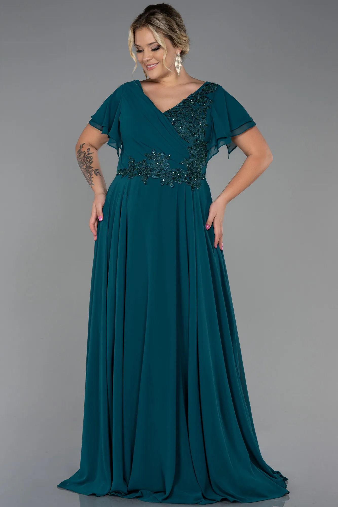 Emerald Green-Long Chiffon Plus Size Evening Dress ABU2576