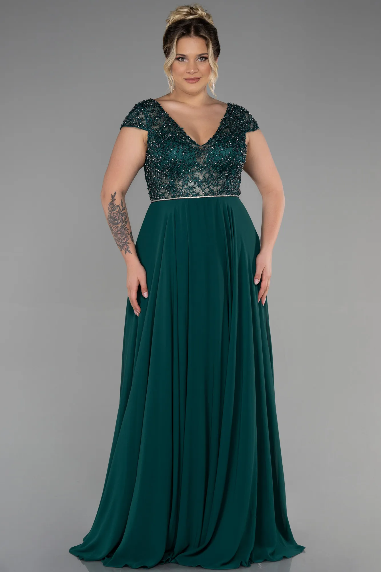 Emerald Green-Long Chiffon Plus Size Evening Dress ABU3441