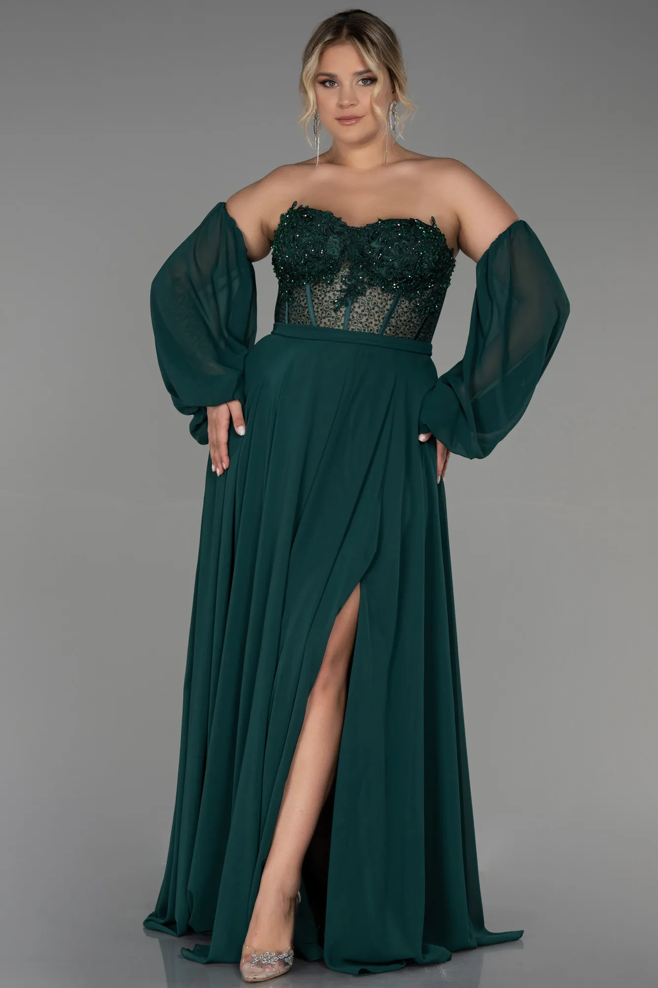 Emerald Green-Long Chiffon Plus Size Evening Dress ABU3451