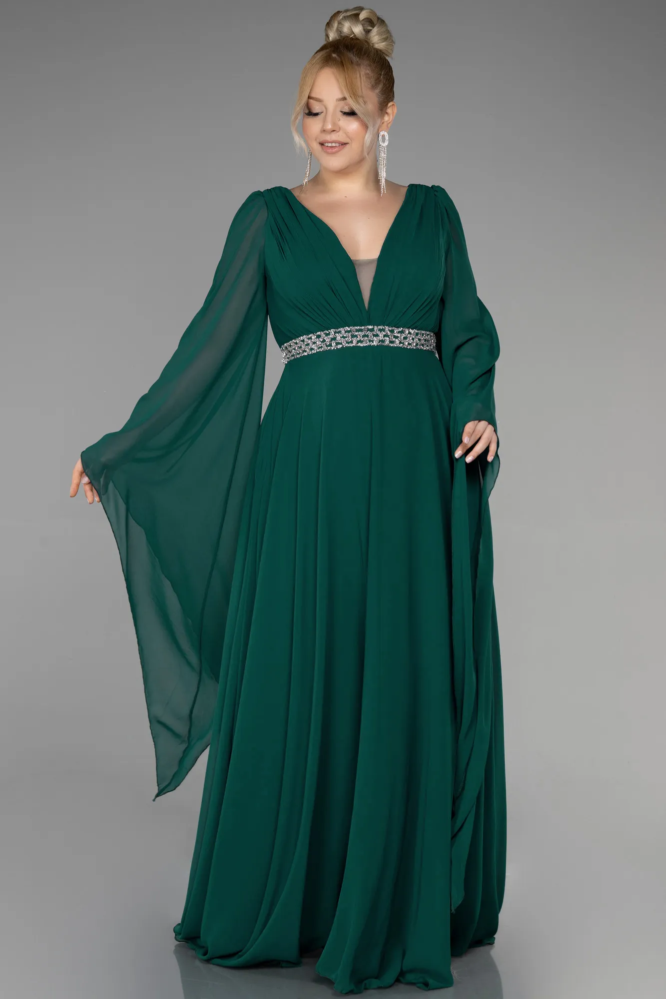 Emerald Green-Long Chiffon Plus Size Evening Dress ABU3543
