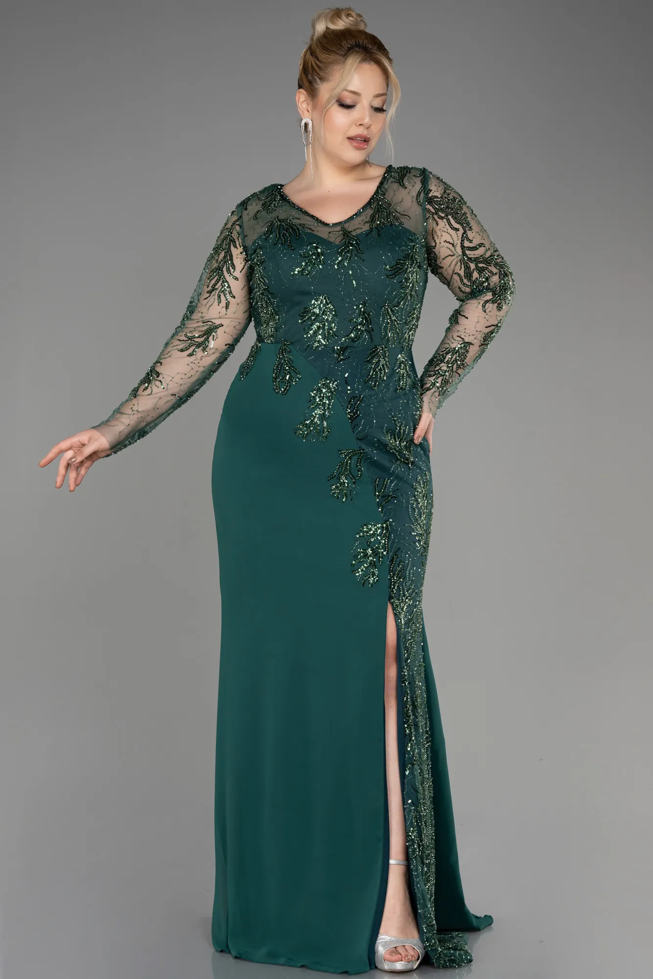 Emerald Green-Long Chiffon Plus Size Evening Dress ABU3843