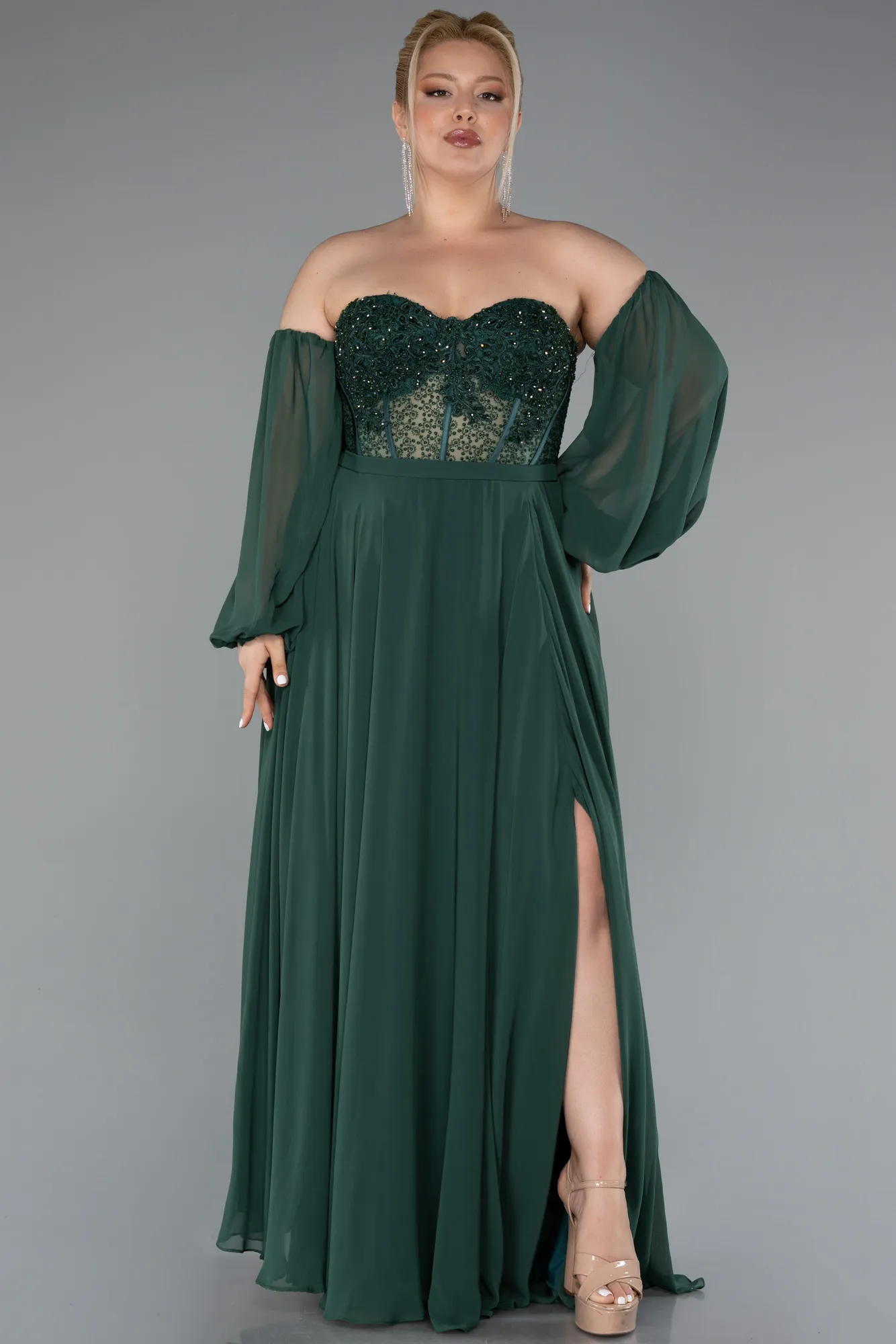 Emerald Green-Long Chiffon Plus Size Evening Dress ABU5521