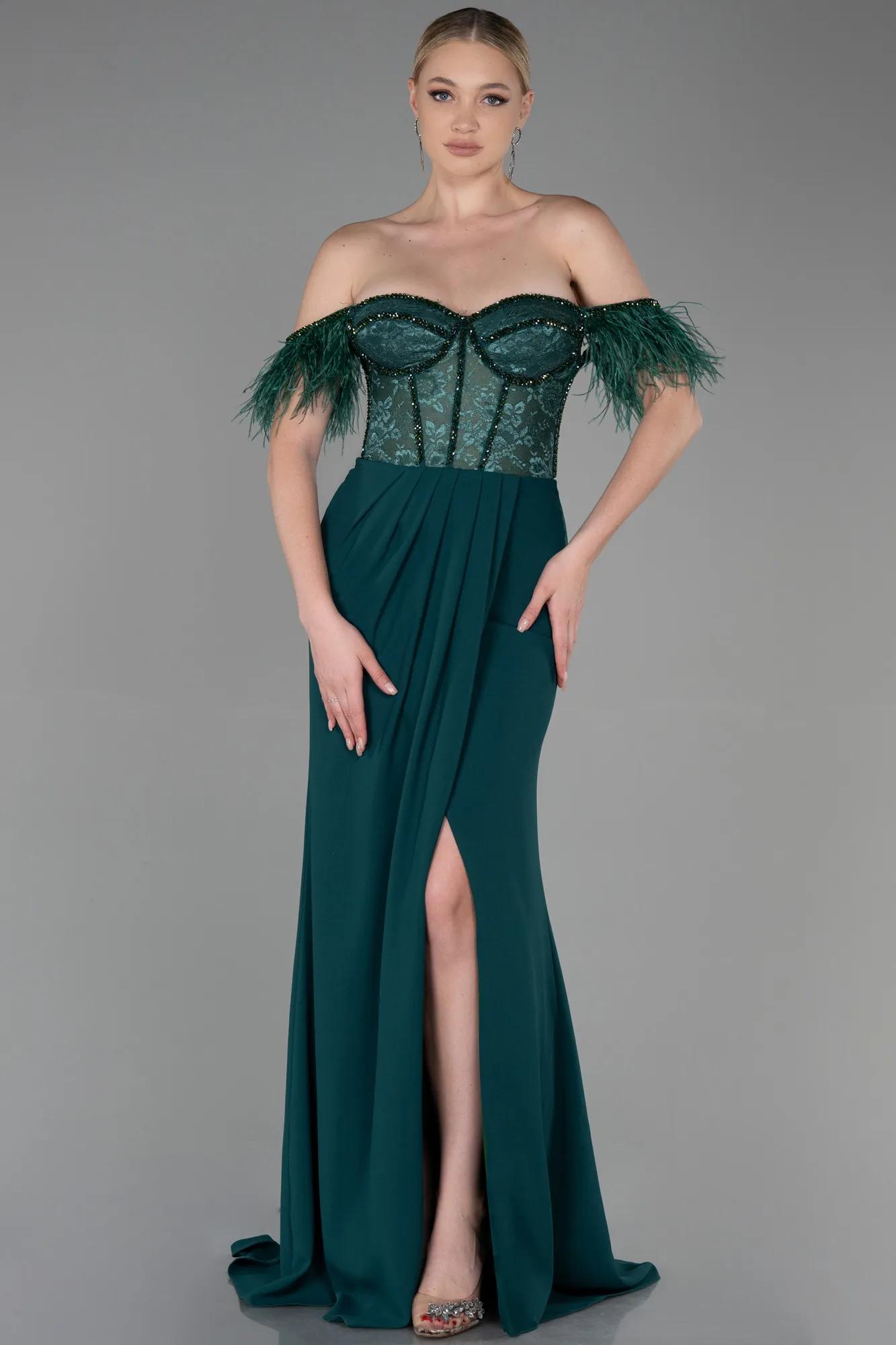 Emerald Green-Long Dantelle Evening Dress ABU3263