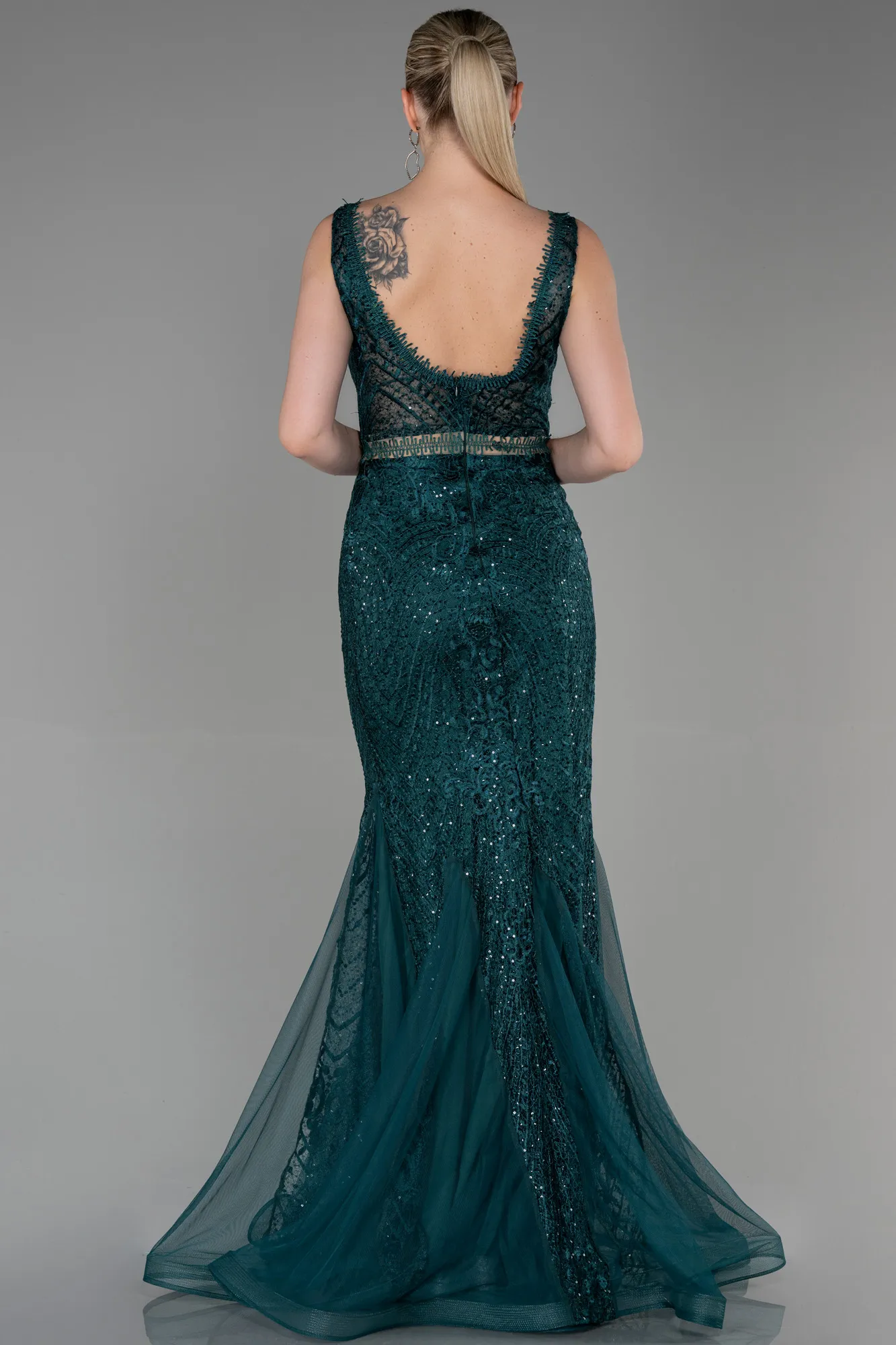 Emerald Green-Long Laced Evening Dress ABU1611