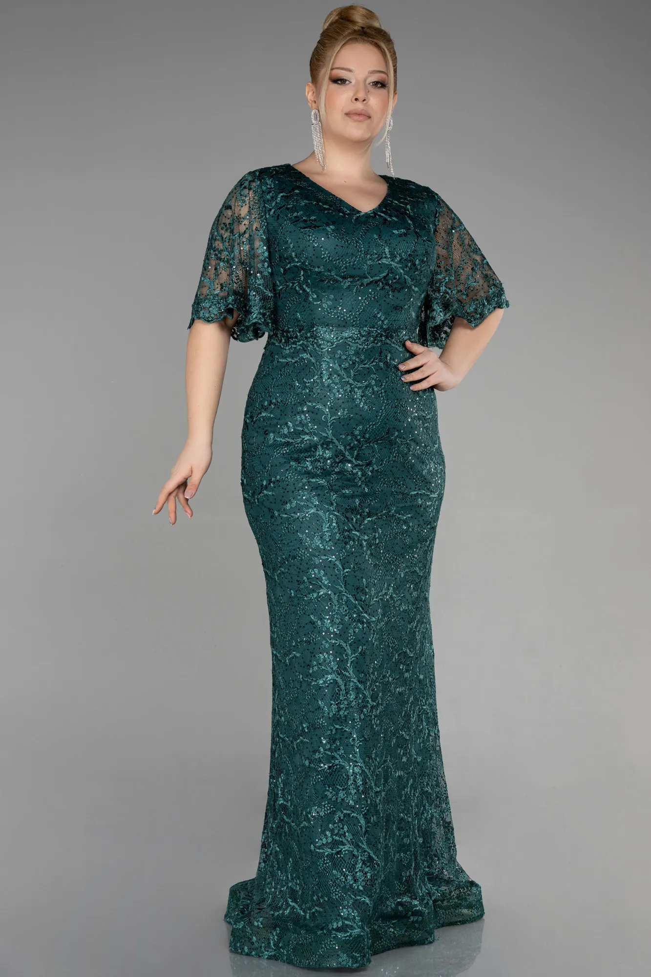 Emerald Green-Long Laced Plus Size Engagement Dress ABU3614