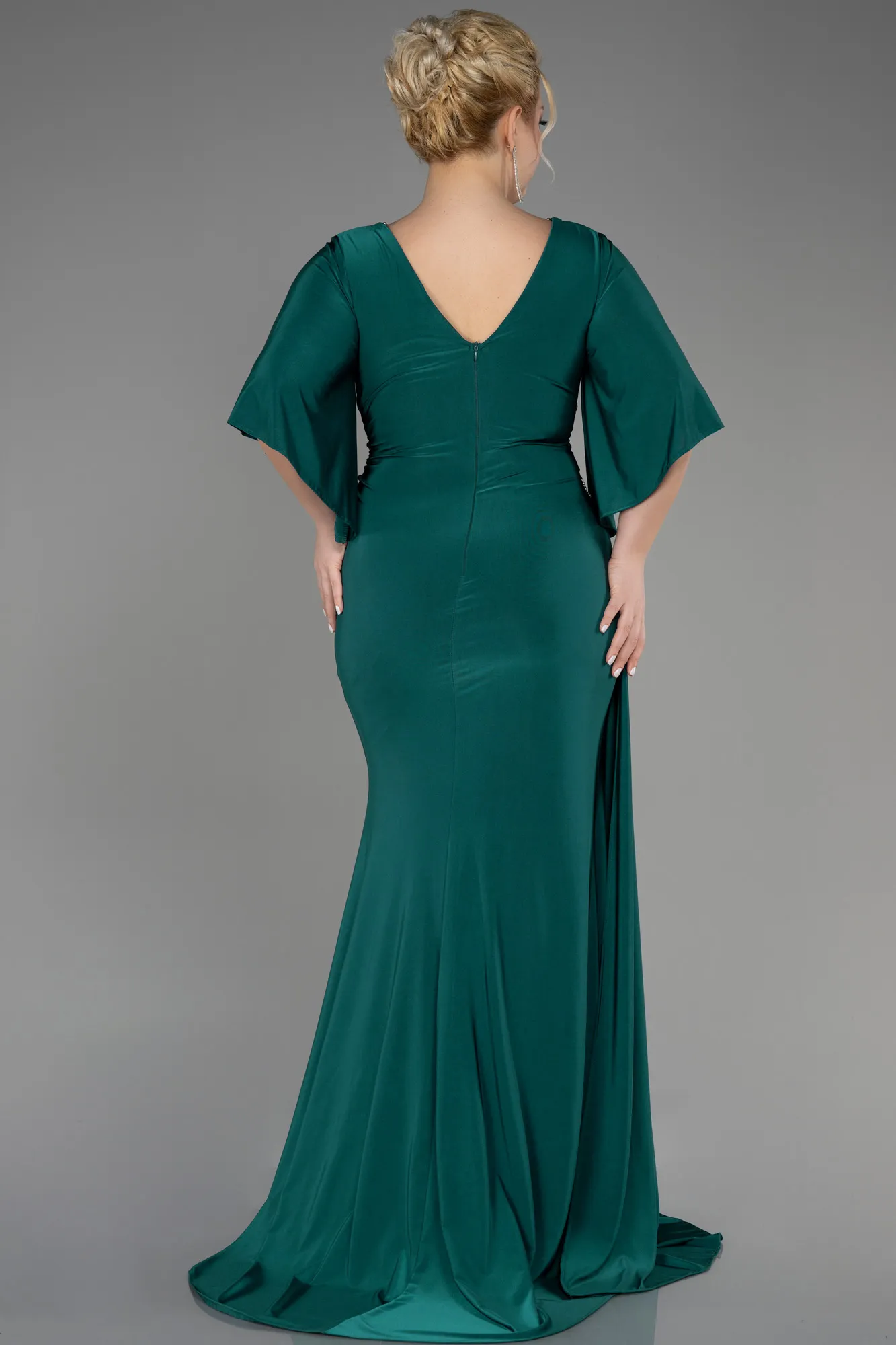 Emerald Green-Short Sleeve Slit Long Plus Size Evening Dress ABU3735