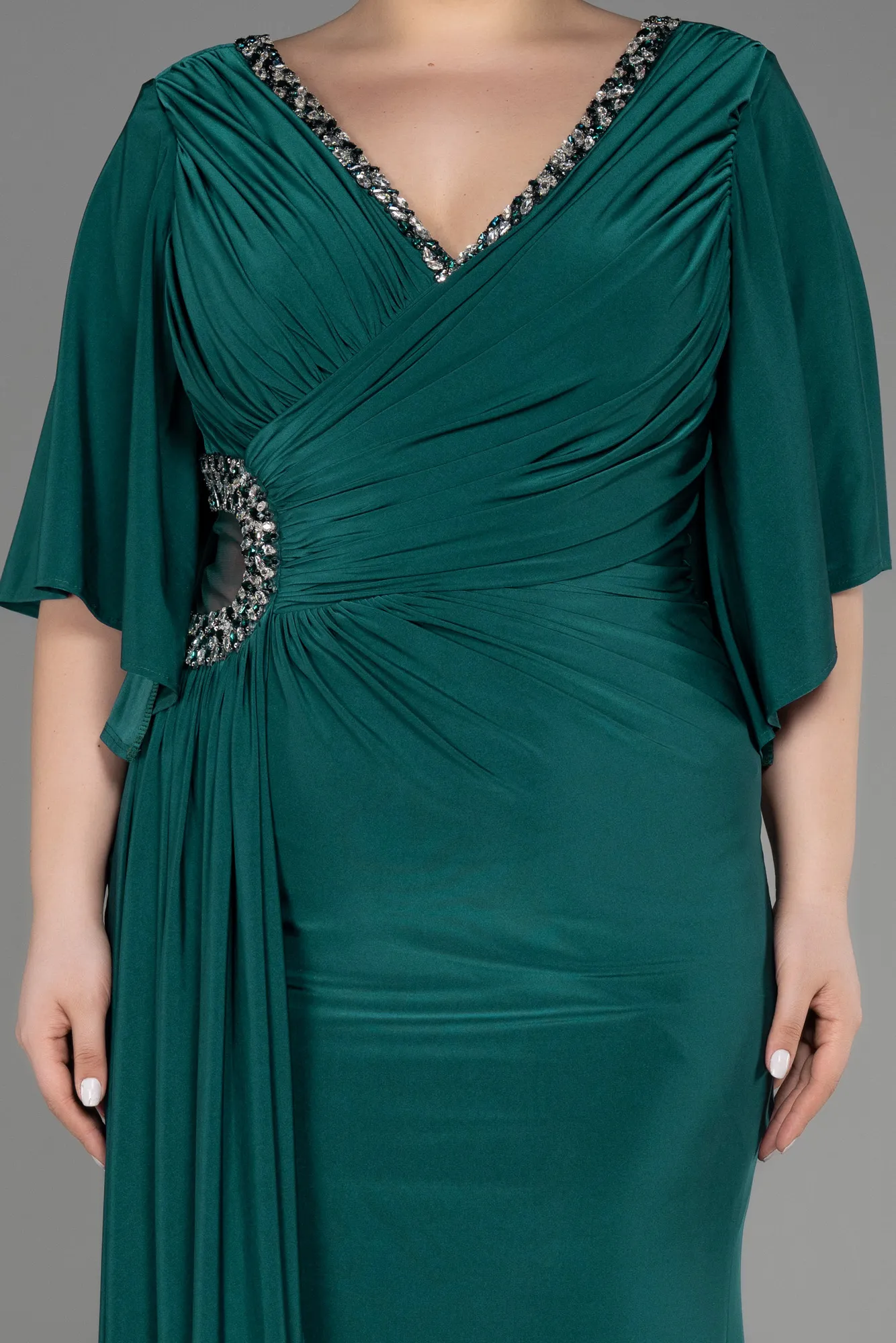 Emerald Green-Short Sleeve Slit Long Plus Size Evening Dress ABU3735