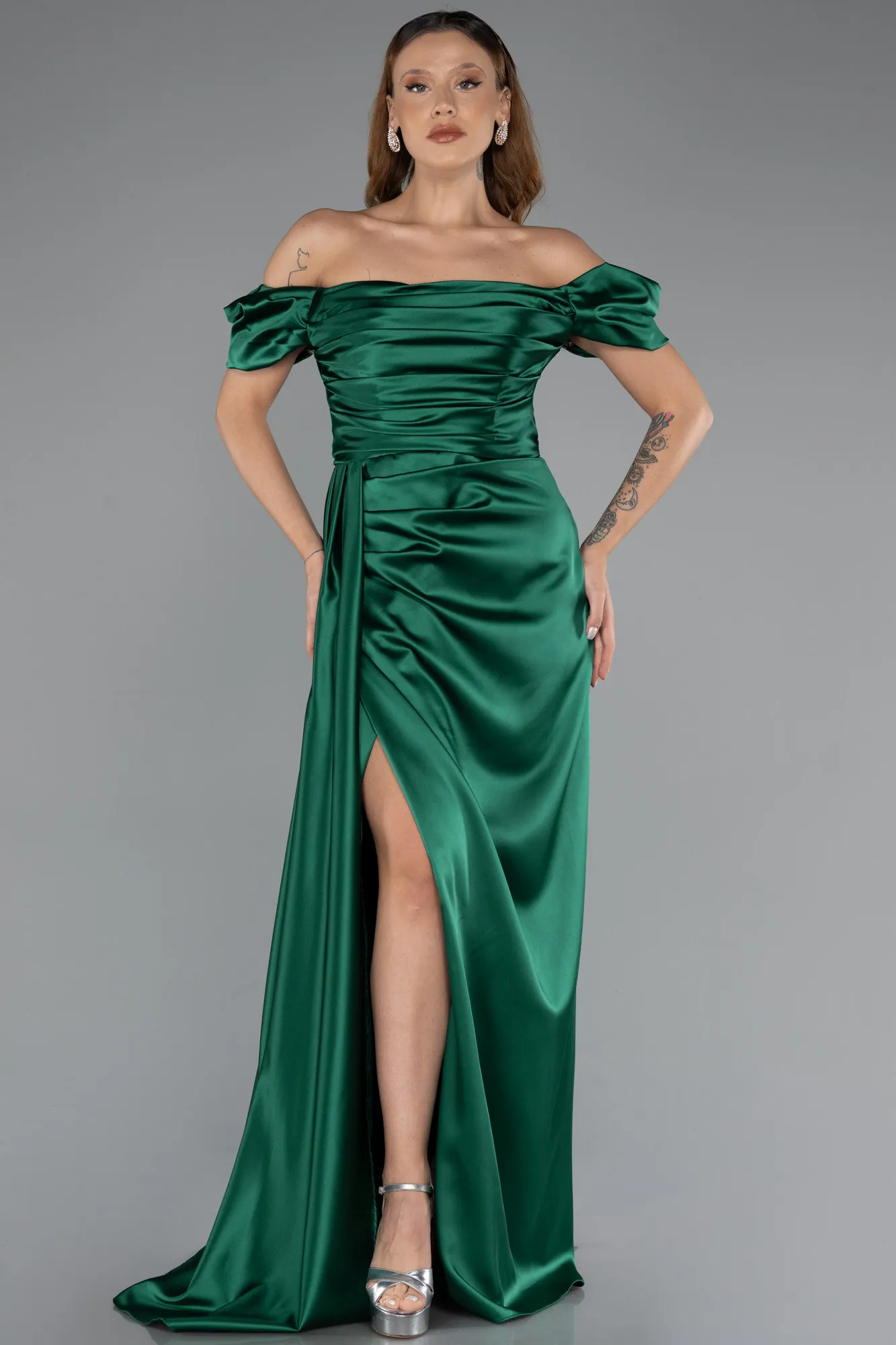Emerald Green-Long Satin Engagement Dress ABU1606