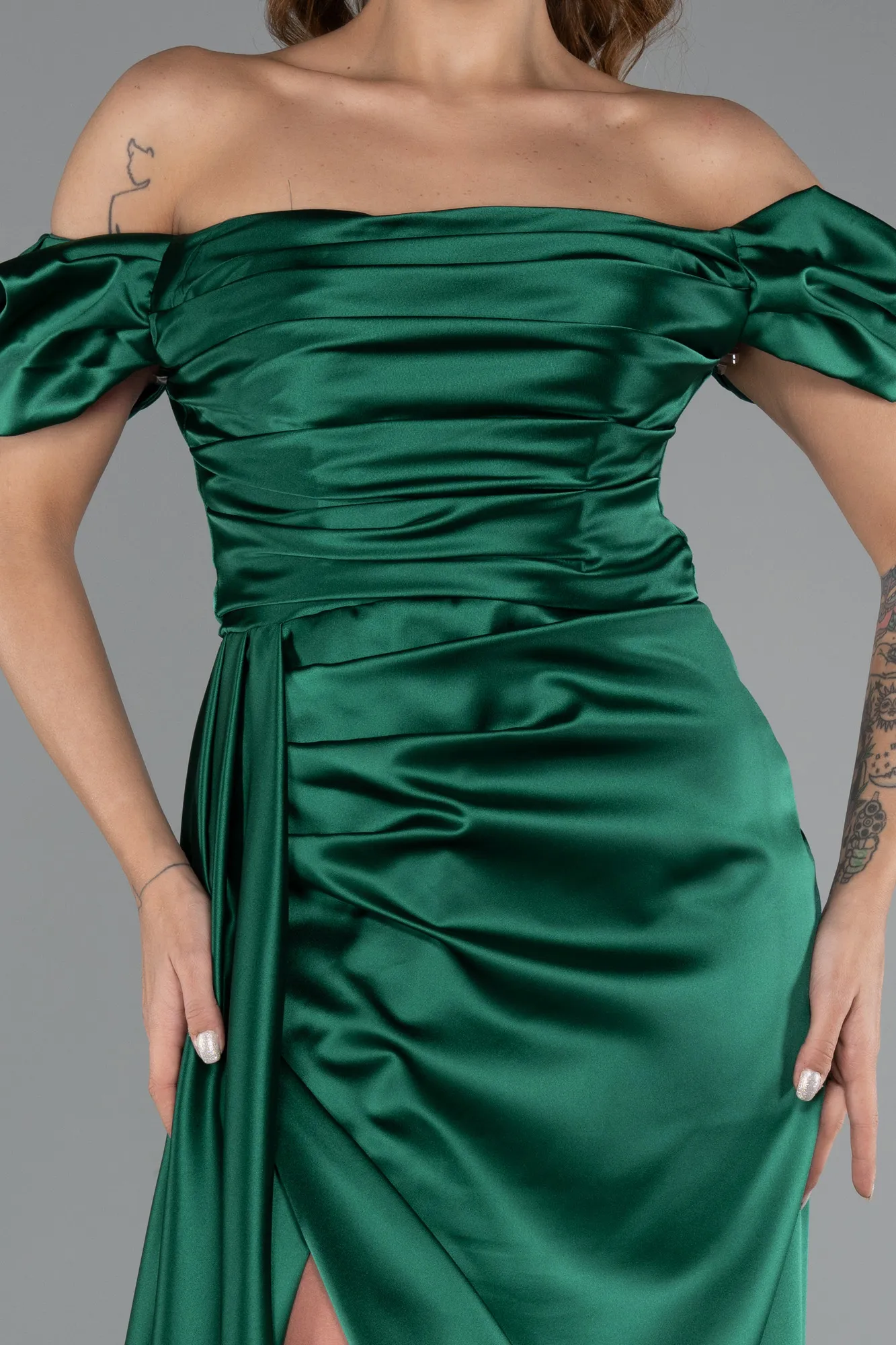 Emerald Green-Long Satin Engagement Dress ABU1606