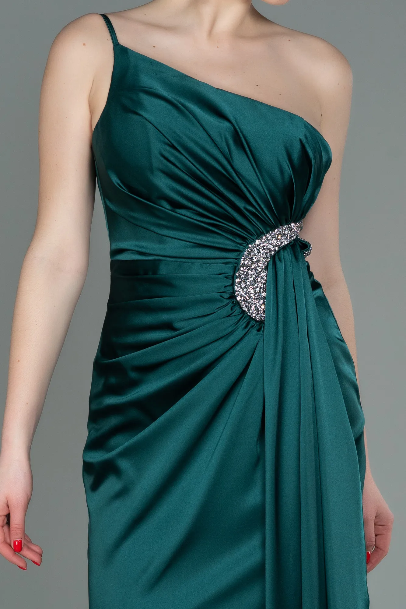 Emerald Green-Long Satin Engagement Dress ABU3088
