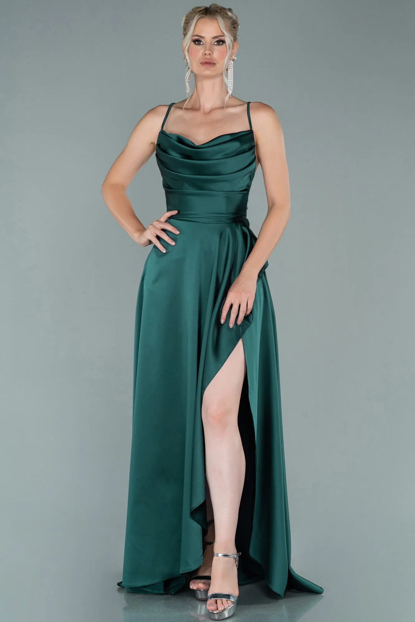 Emerald Green-Long Satin Evening Dress ABU1843