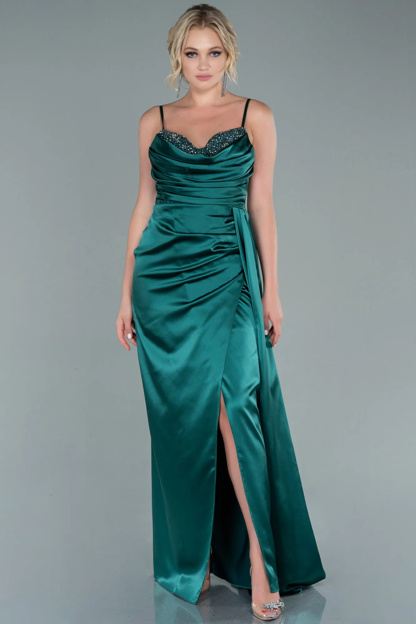 Emerald Green-Long Satin Evening Dress ABU2477