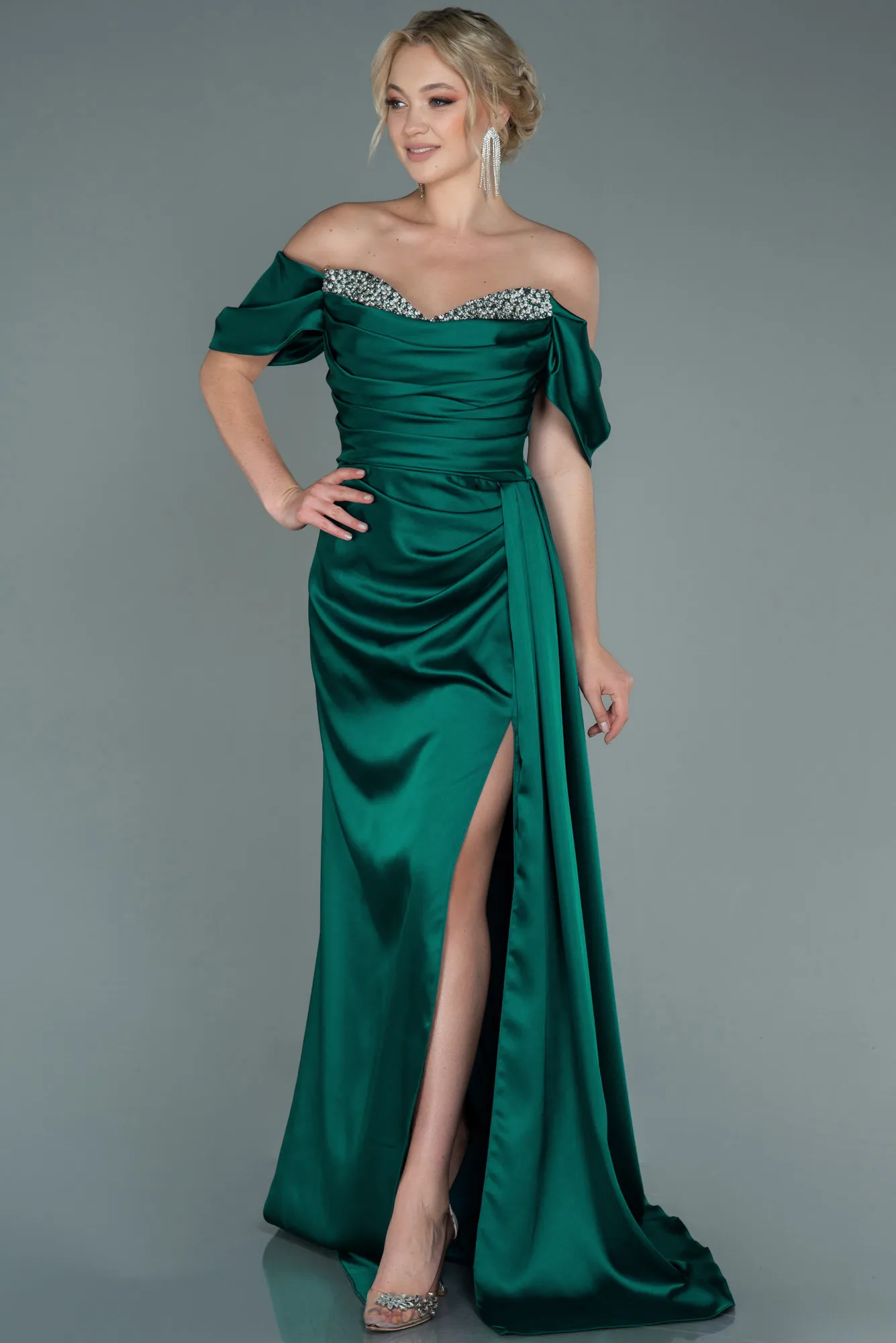 Emerald Green-Long Satin Evening Dress ABU2661