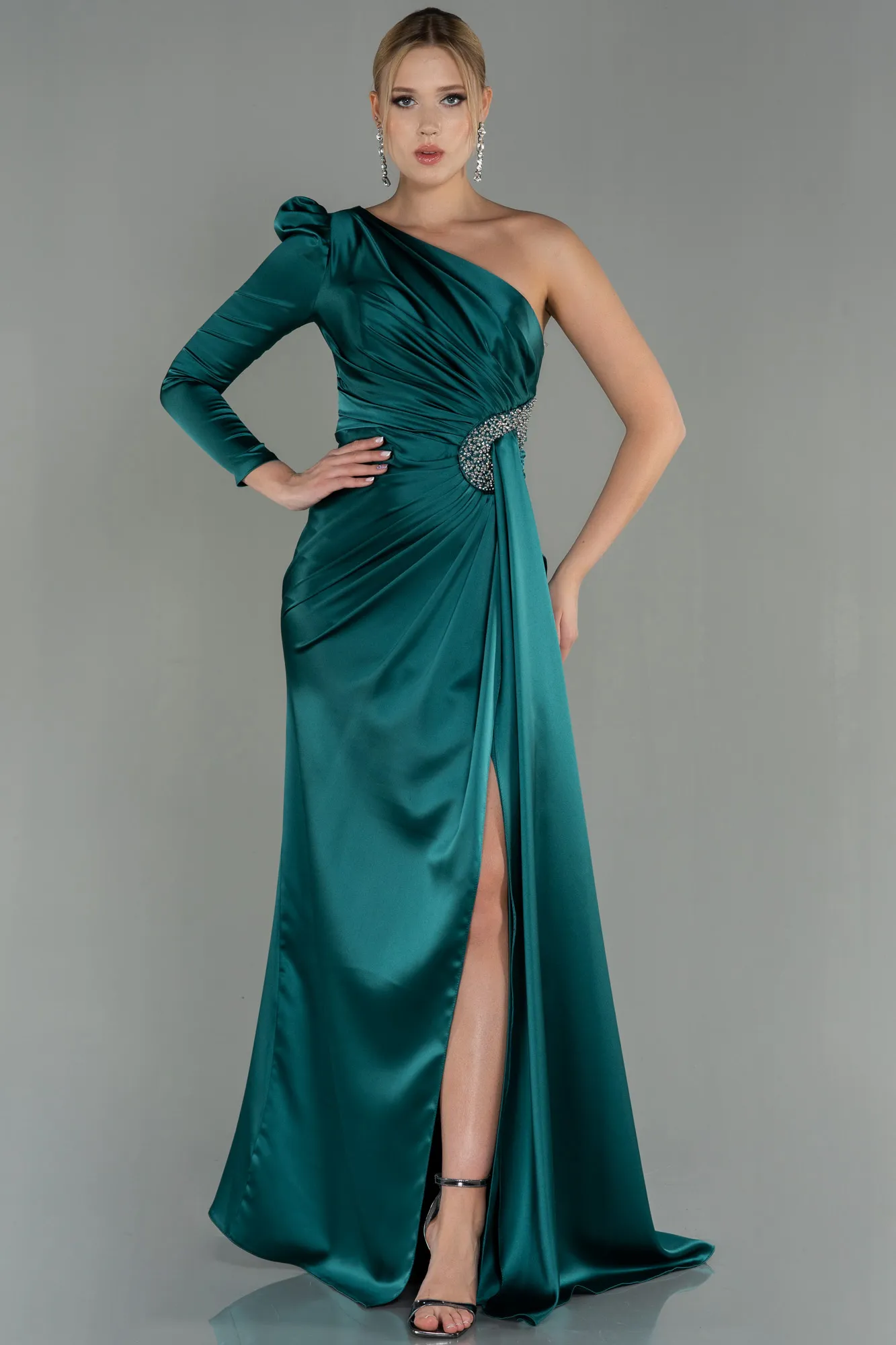 Emerald Green-Long Satin Evening Dress ABU2676