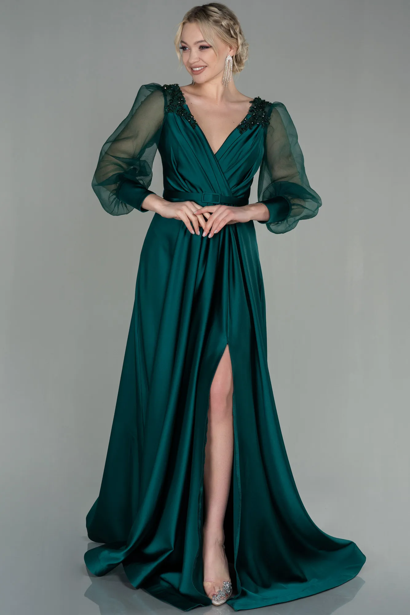 Emerald Green-Long Satin Evening Dress ABU2830