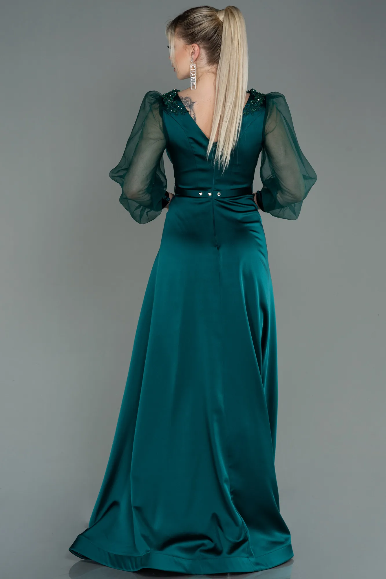 Emerald Green-Long Satin Evening Dress ABU2830
