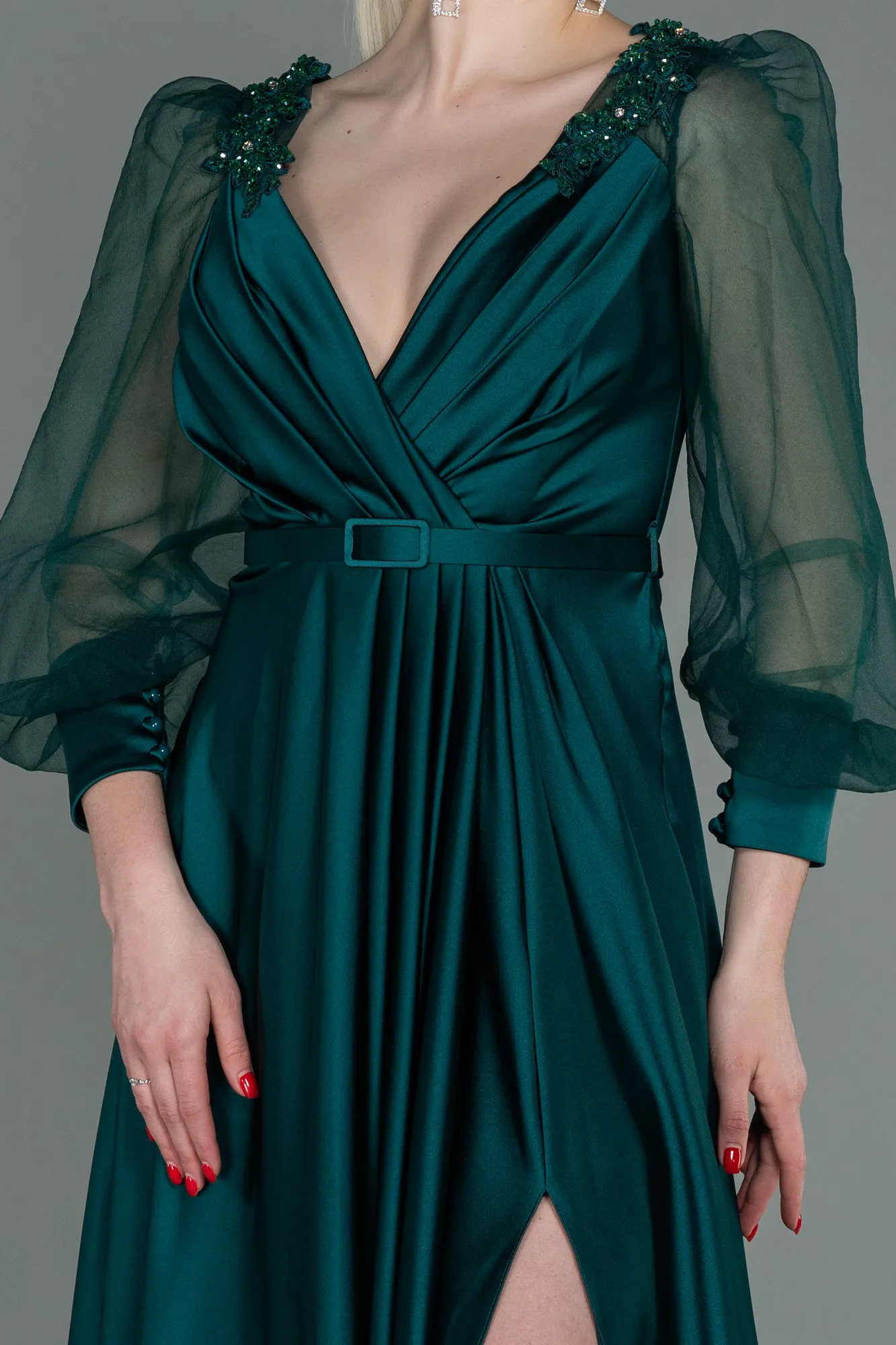 Emerald Green-Long Satin Evening Dress ABU2830