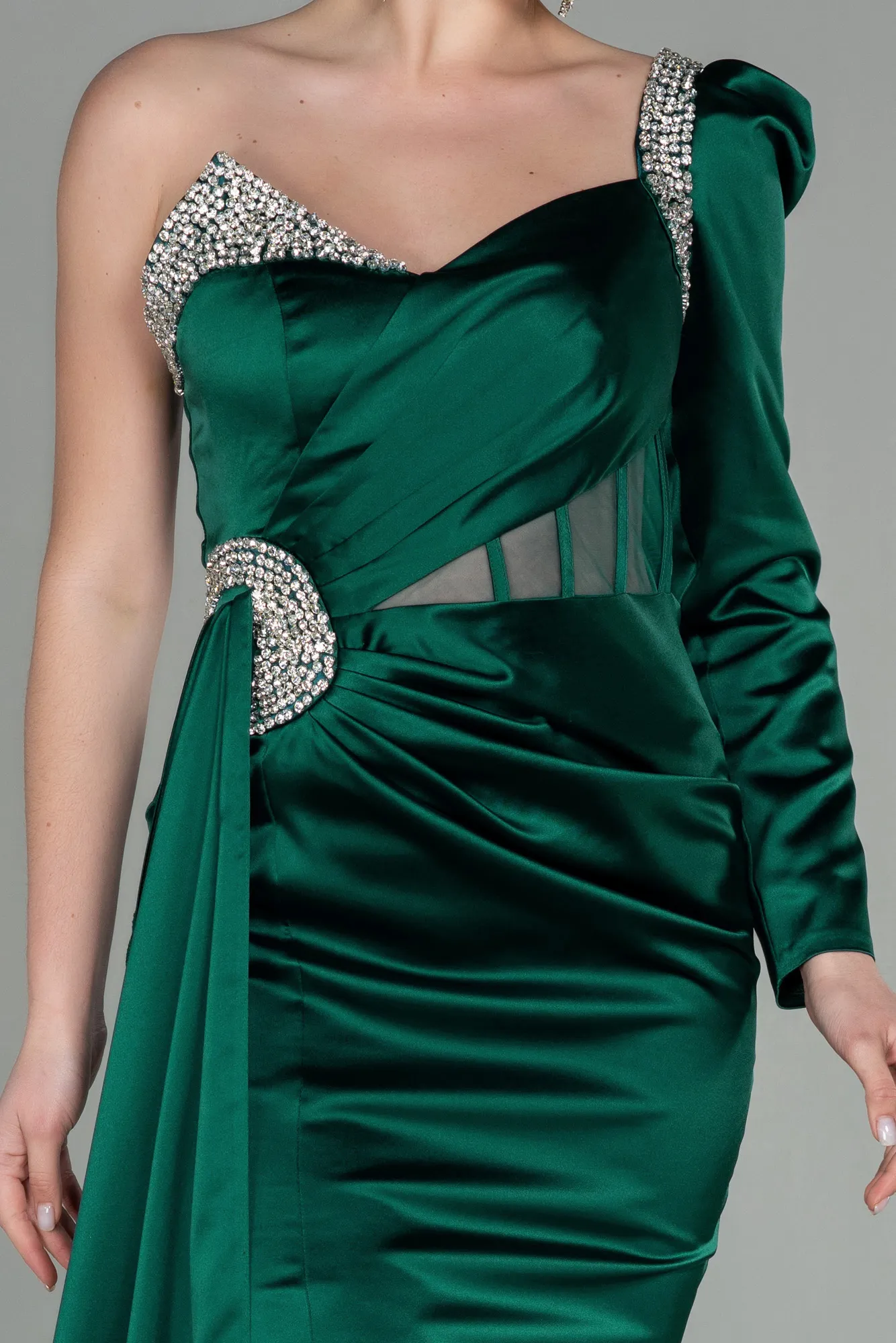 Emerald Green-Long Satin Evening Dress ABU2831
