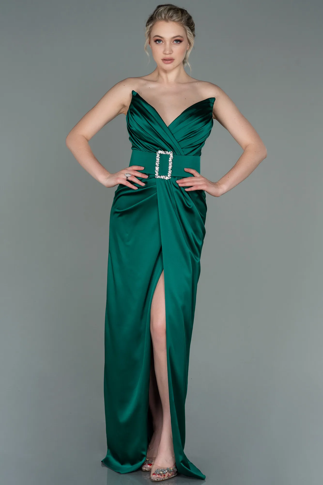 Emerald Green-Long Satin Evening Dress ABU2844
