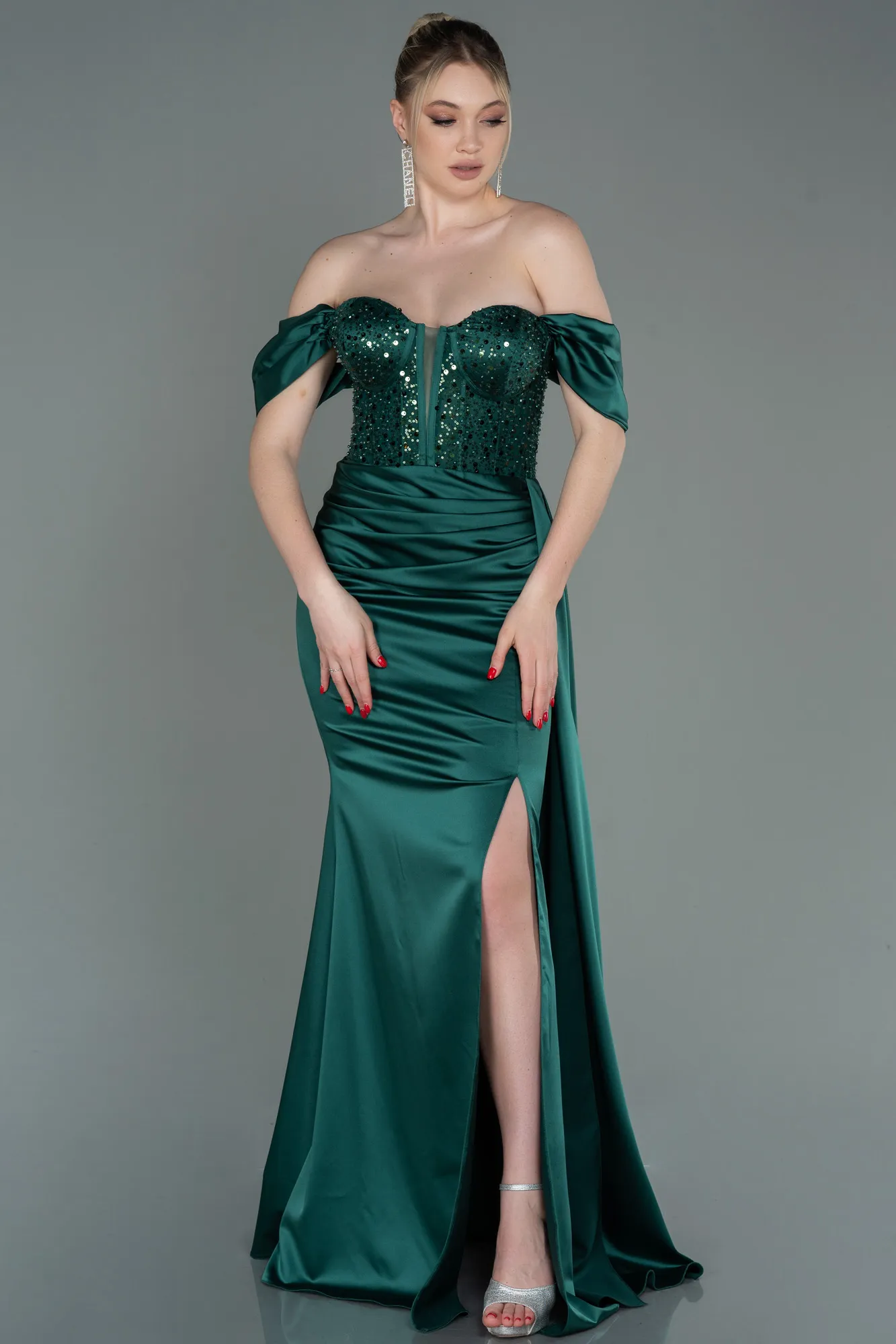 Emerald Green-Long Satin Evening Dress ABU3100
