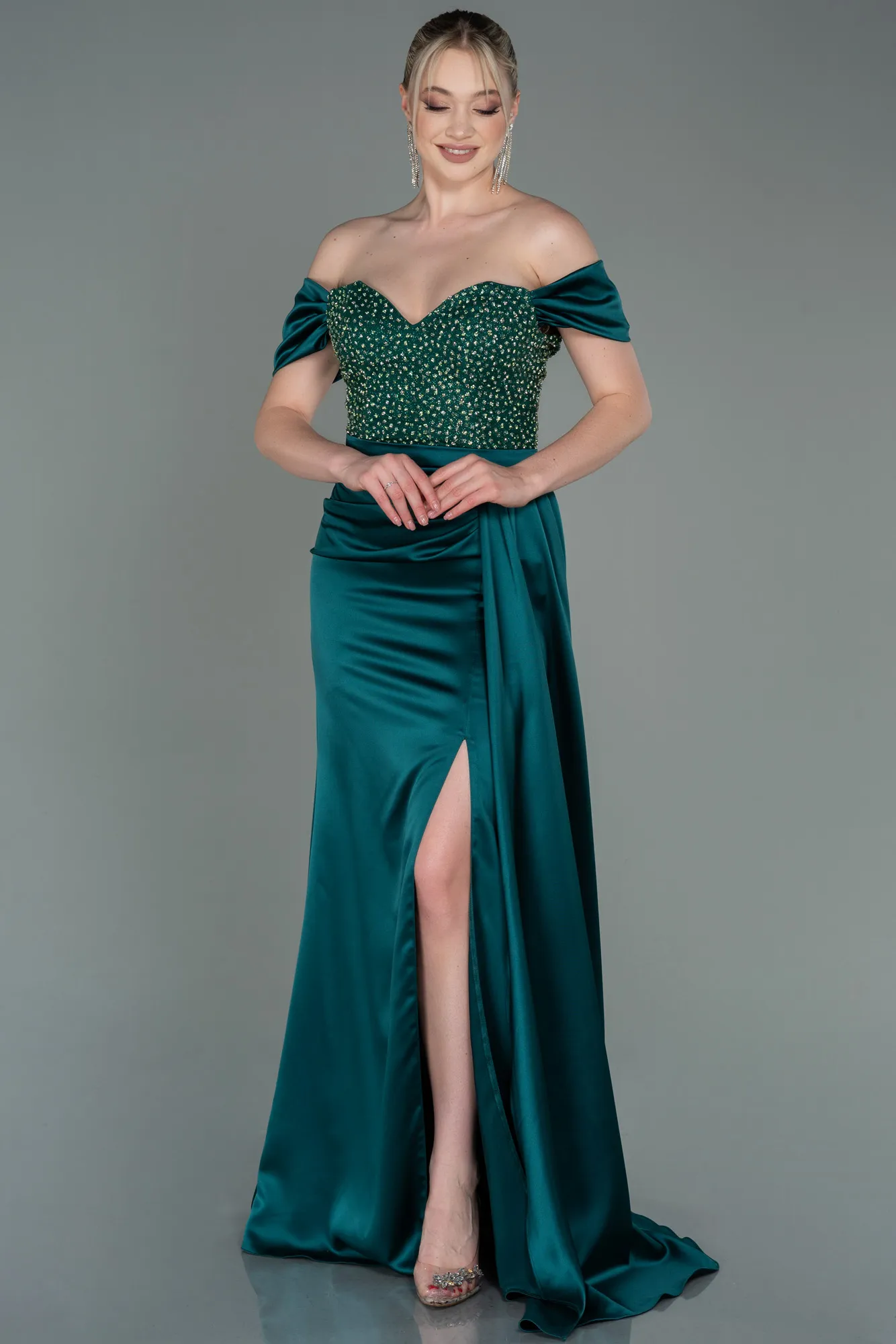 Emerald Green-Long Satin Evening Dress ABU3187