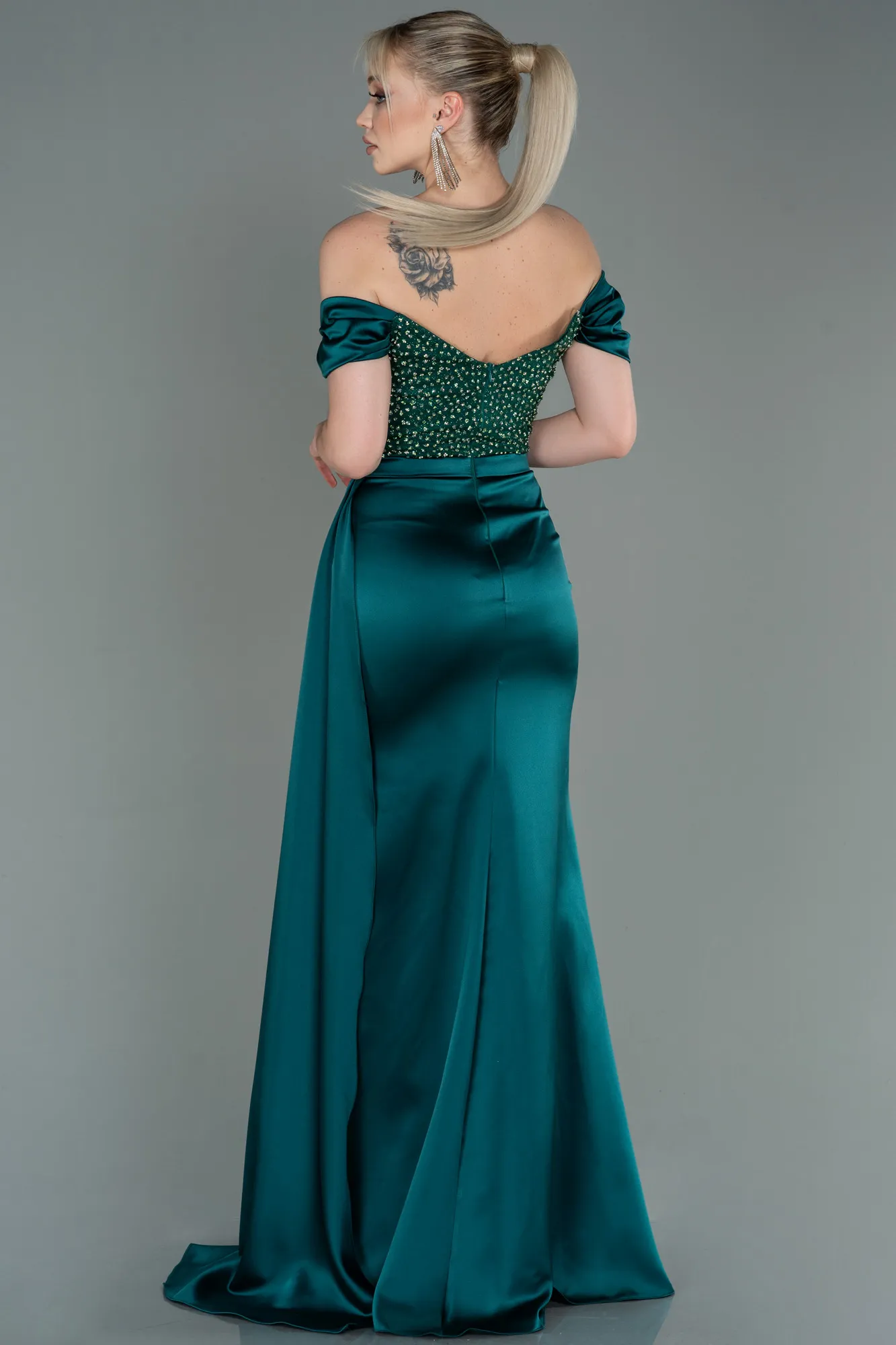Emerald Green-Long Satin Evening Dress ABU3187