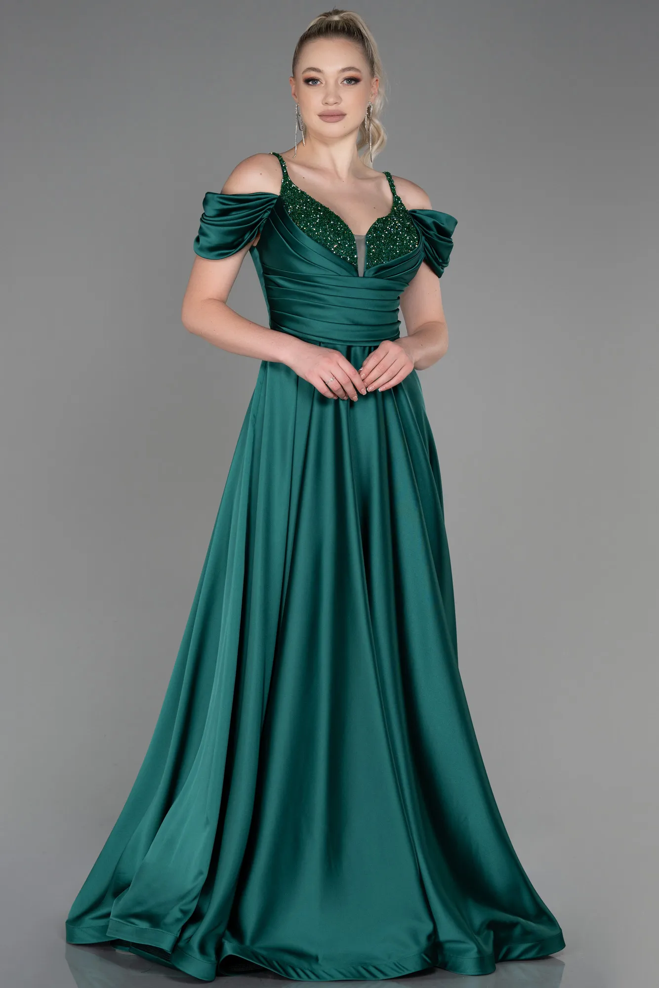 Emerald Green-Long Satin Evening Dress ABU3226
