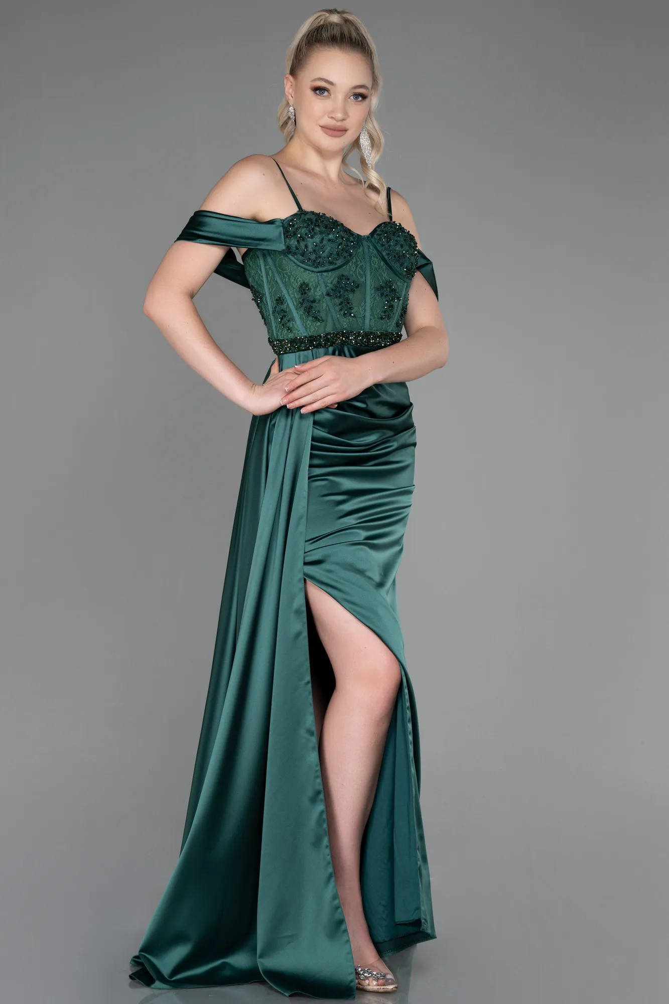 Emerald Green-Long Satin Evening Dress ABU3227