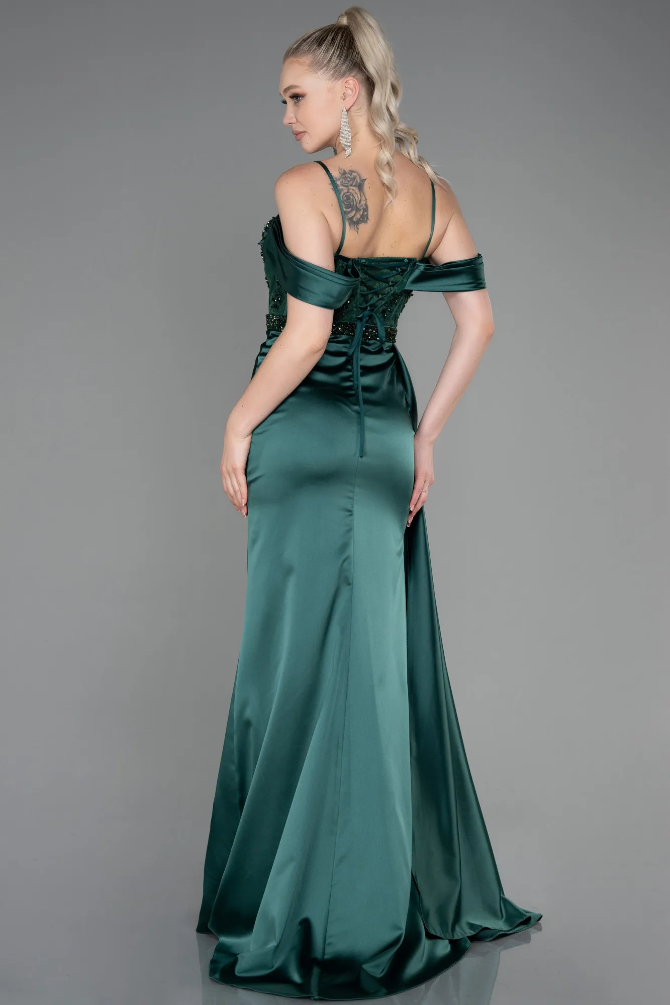 Emerald Green-Long Satin Evening Dress ABU3227