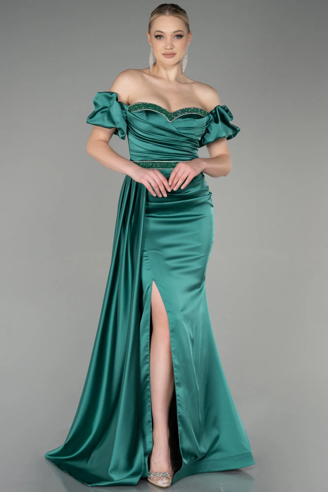 Emerald Green-Long Satin Evening Dress ABU3331