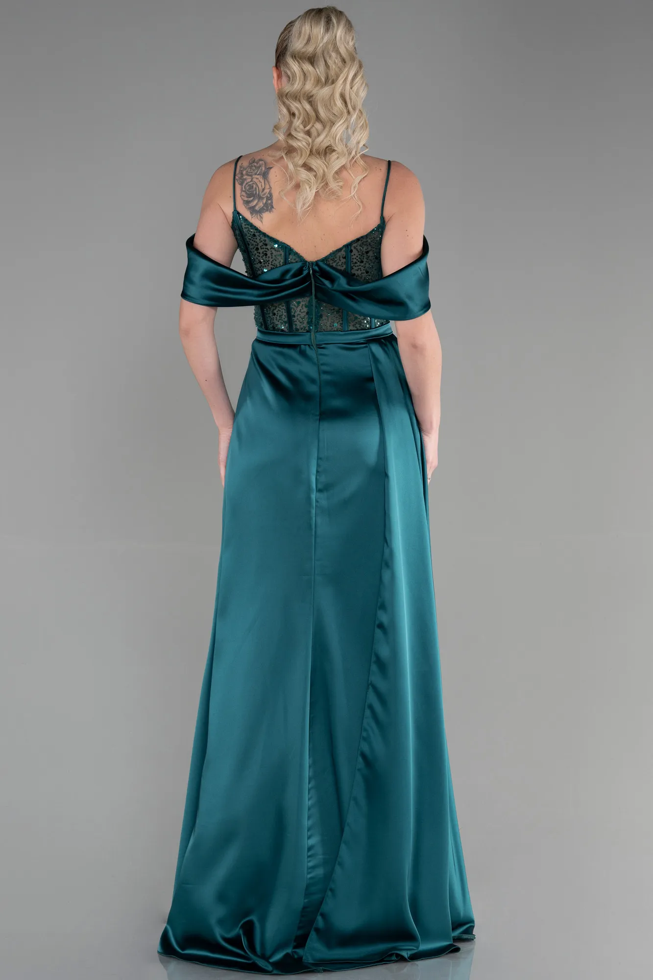 Emerald Green-Long Satin Evening Dress ABU3391